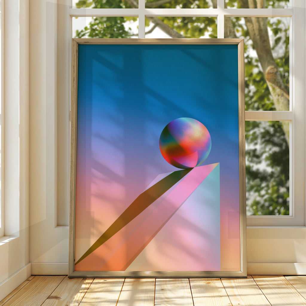 Iridescent Sphere Geometric Poster, 3D Abstract Ball Art Print, Modern Gradient