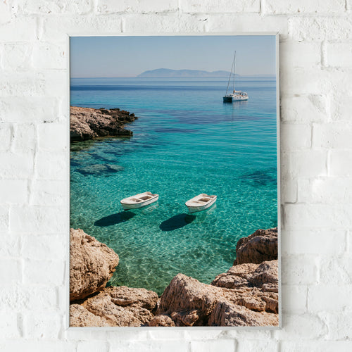 Boats on Crystal Clear Sea, Wall Art Poster, Mediterranean Coastal Print