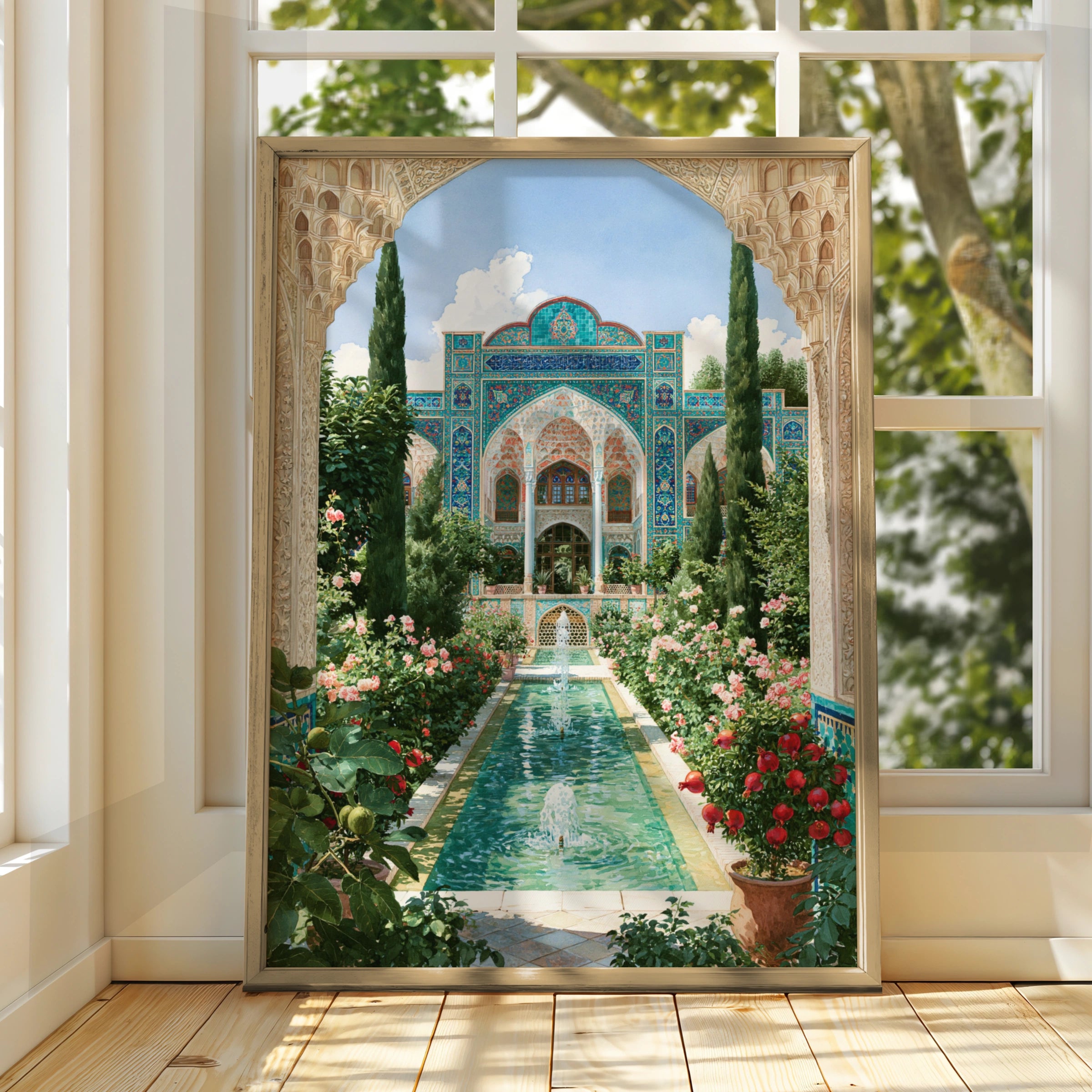 Persian Fountain Courtyard Poster, Islamic Architecture, Mosaic Garden Art Print