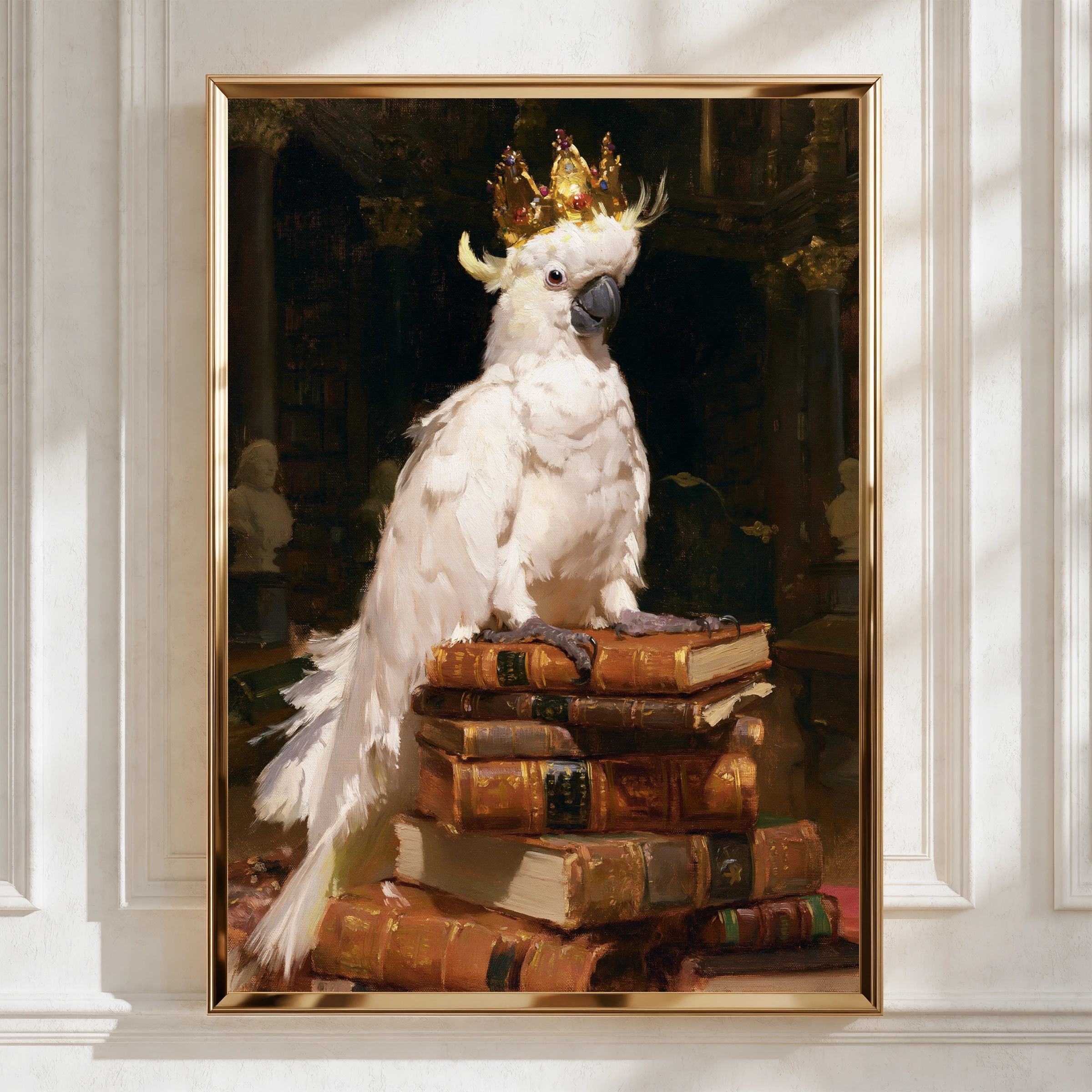 Crowned Cockatoo on Books Poster, Royal Bird Library Wall Art Print