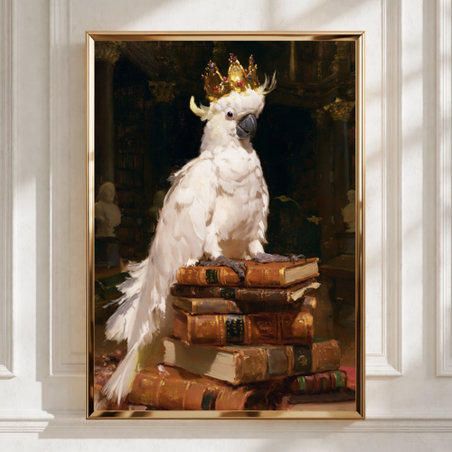 Crowned Cockatoo on Books Poster, Royal Bird Library Wall Art Print