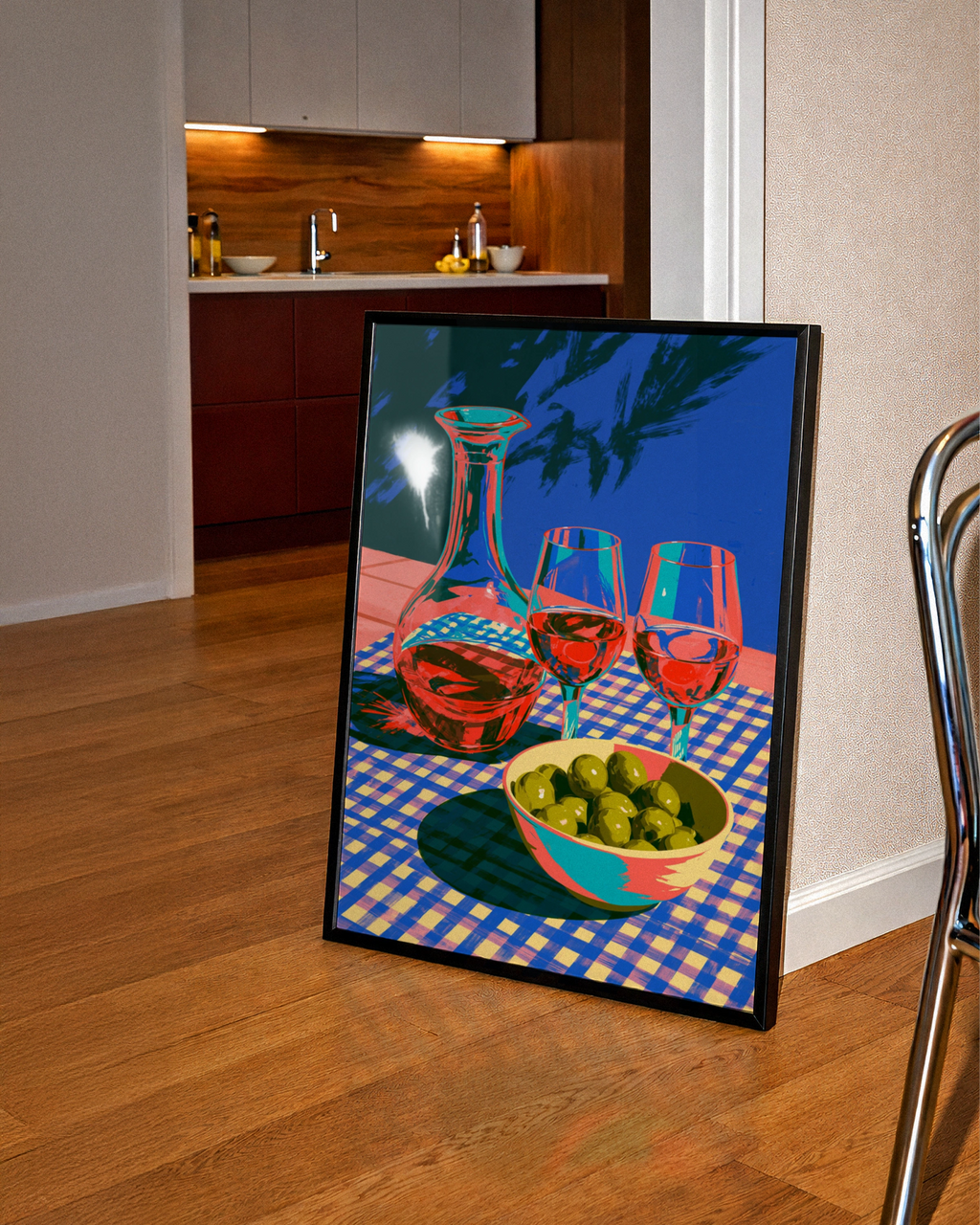Wine & Olives Still Life Poster, Bold Colourful Mediterranean Wall Art