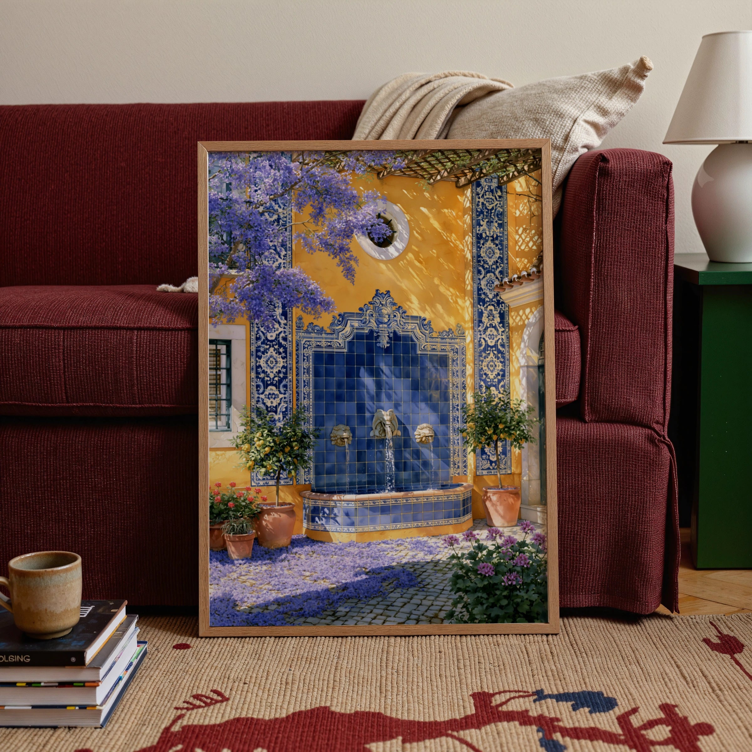 Portuguese Courtyard Fountain Wall Art Poster, Azulejo Tile Blue Yellow Print