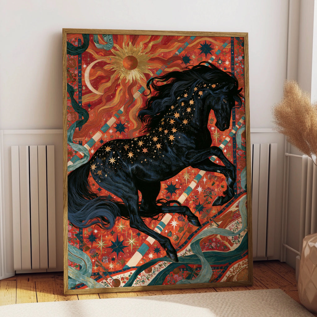 Celestial Black Horse Poster, Mystical Sun Moon Wall Art, Maximalist Print