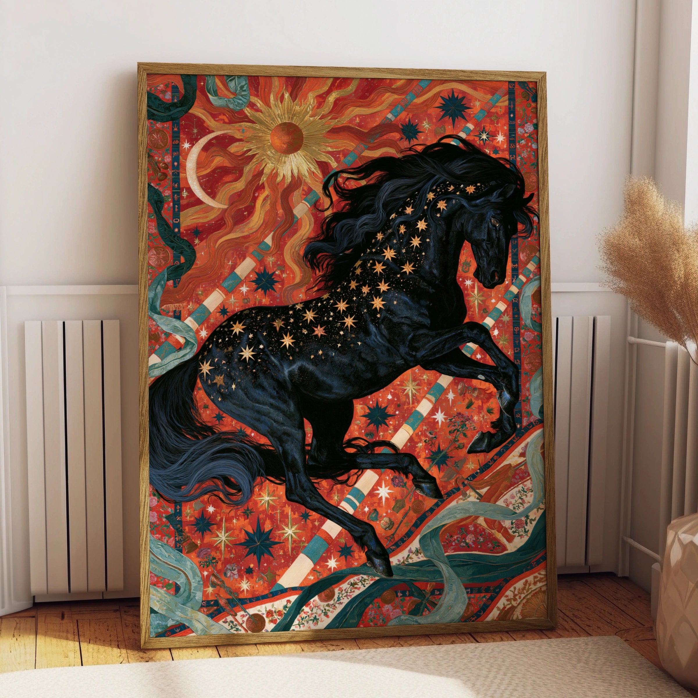 Celestial Black Horse Poster, Mystical Sun Moon Wall Art, Maximalist Print