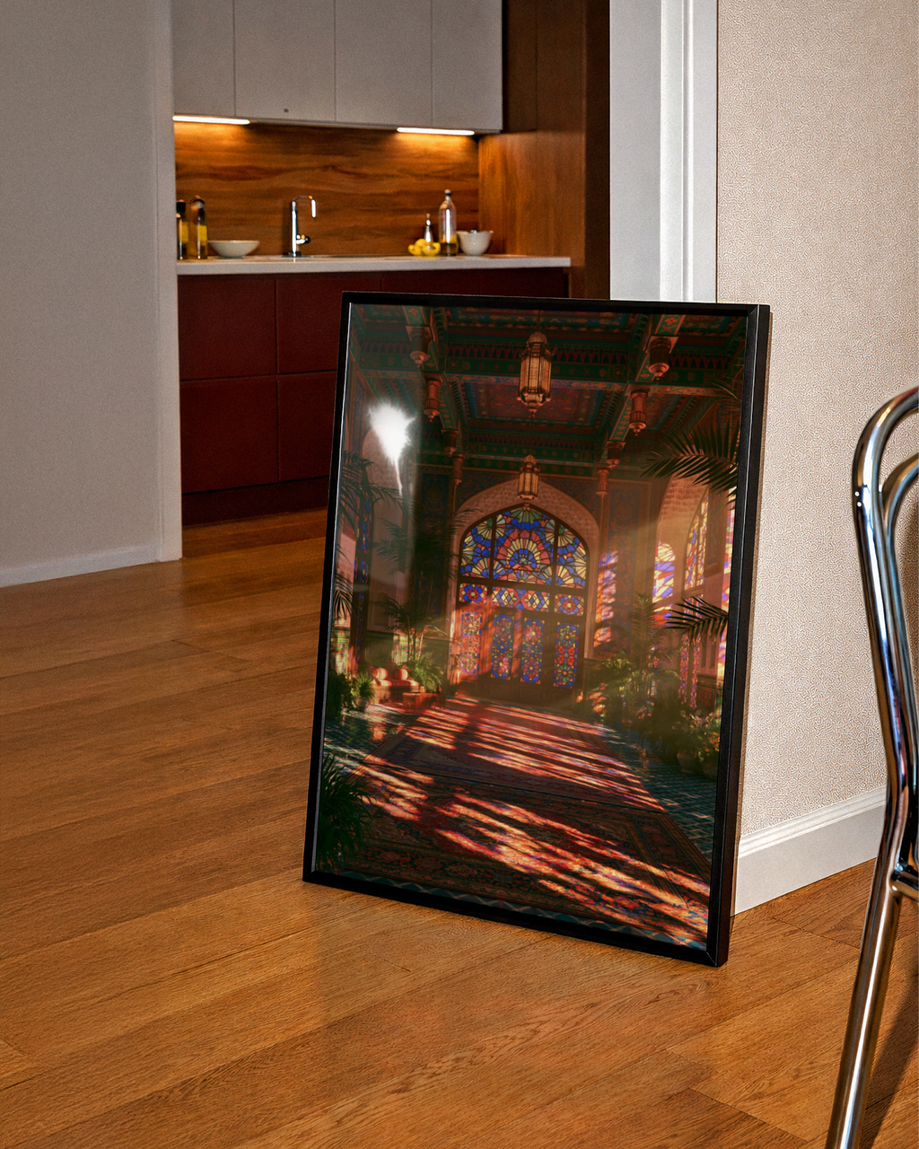 Stained Glass Hall Sunset Poster, Moorish Interior Art Print, Warm Golden Light