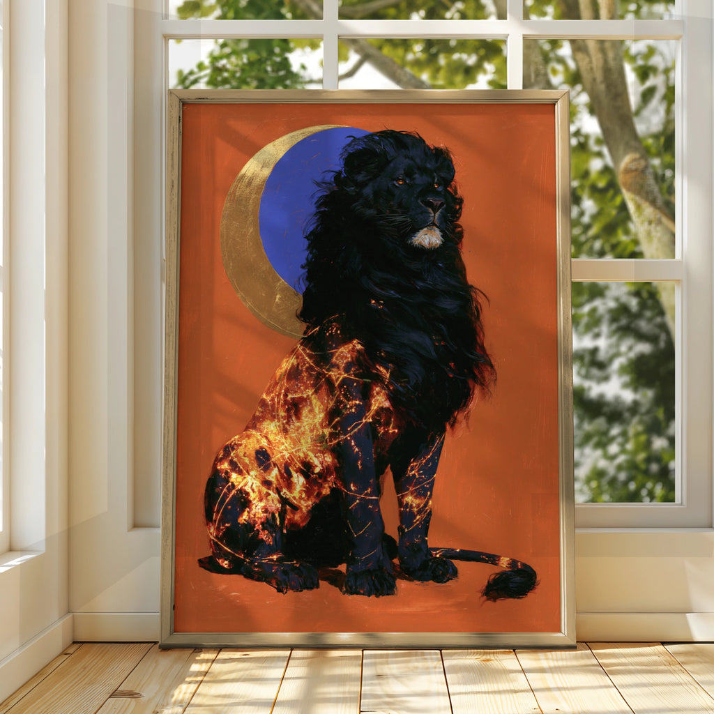 Black Lion Moon Wall Art Poster, Celestial Wildlife Print, Bold Red Gold