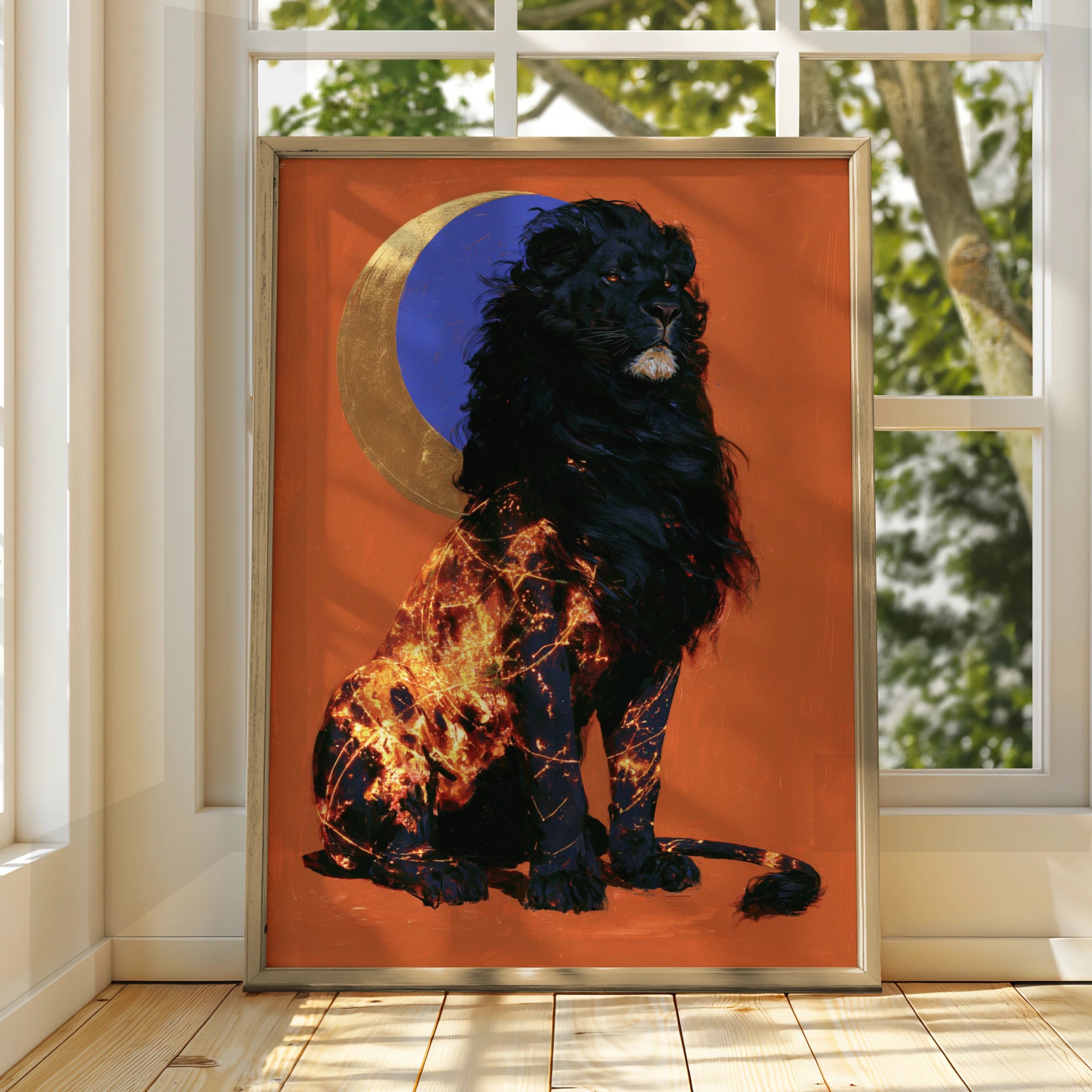 Black Lion Moon Wall Art Poster, Celestial Wildlife Print, Bold Red Gold
