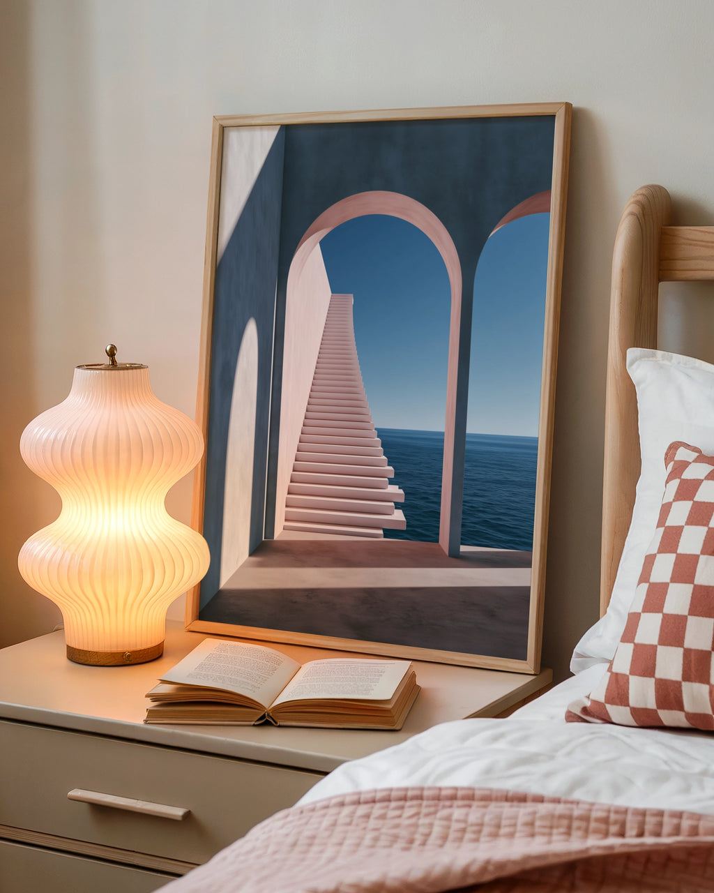 Arches Staircase Ocean View Poster, Minimalist Architecture Print, Pink Blue Wall Art