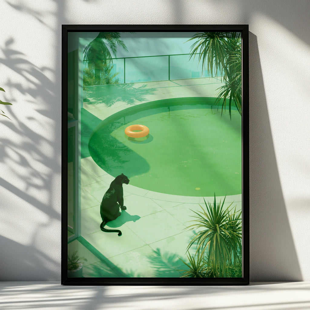 Black Panther by Pool Print, Green Tropical Art Poster, Modern Wildlife