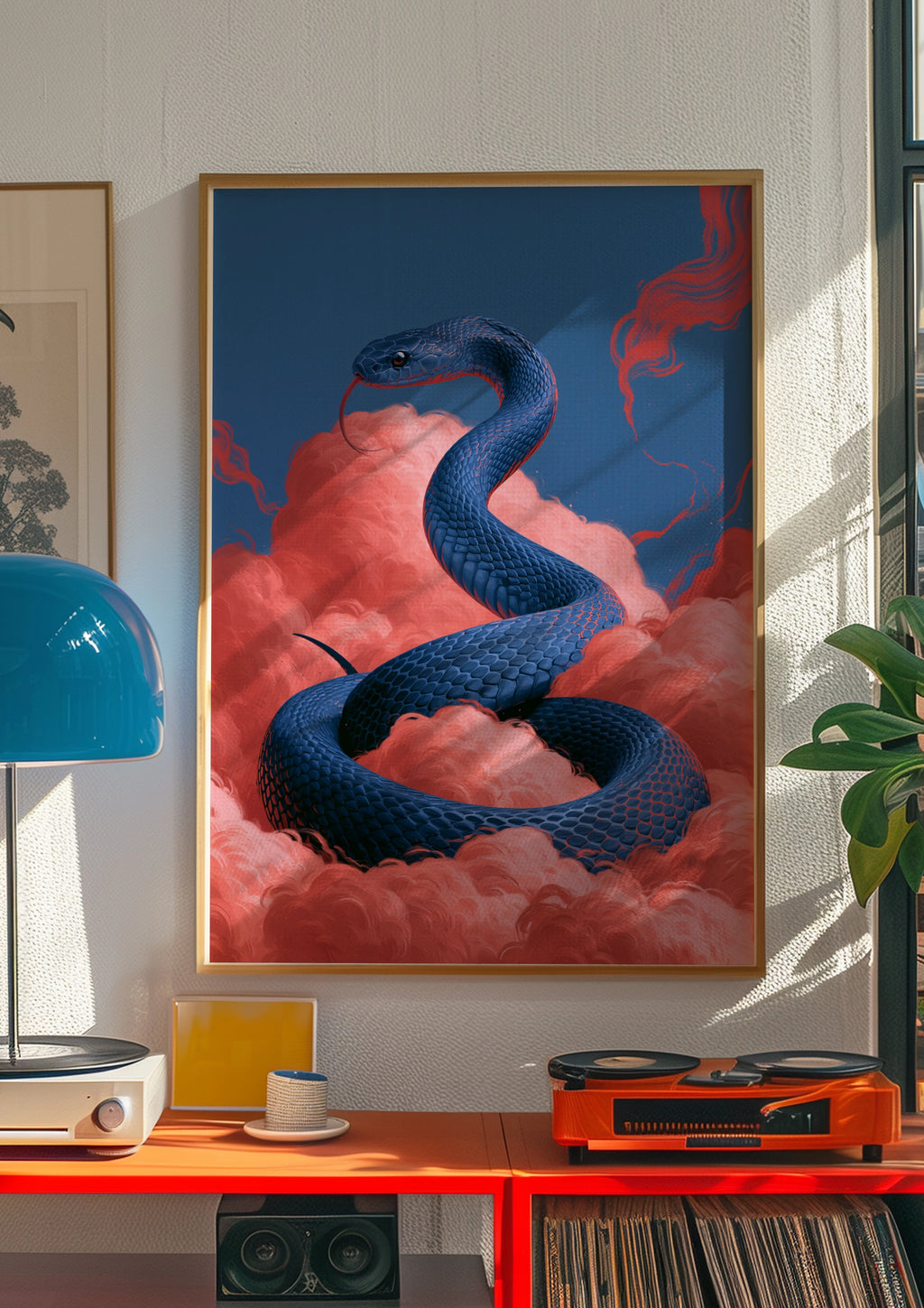 Blue Snake Pink Clouds Poster, Surreal Serpent Wall Art, Bold Colour Print