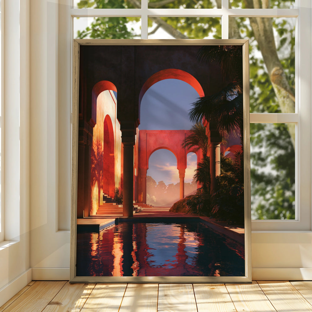 Courtyard Arches Sunset Poster, Terracotta Architecture, Mediterranean Wall Art