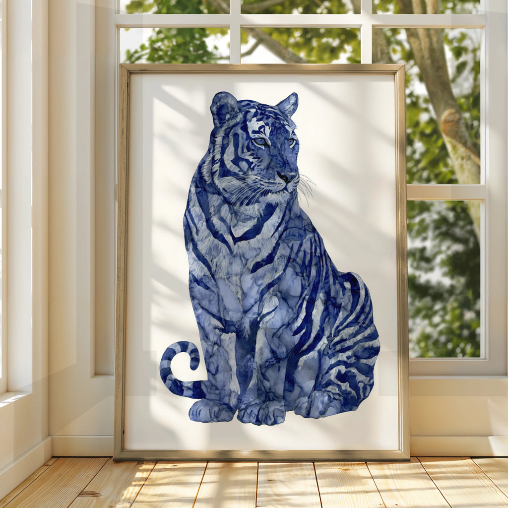 Blue Tiger Abstract Poster, Indigo Watercolour Big Cat Wall Art Print
