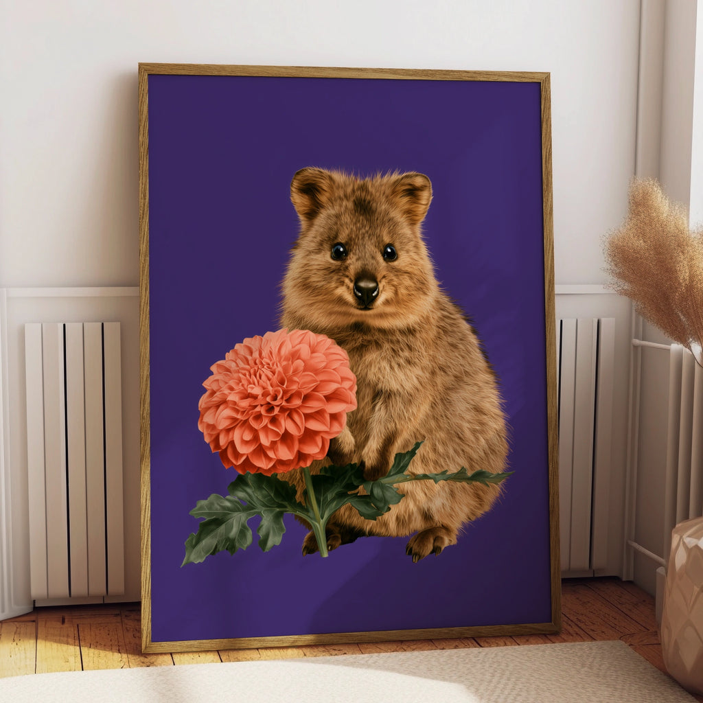 Quokka with Dahlia Flower Poster, Australian Animal Wall Art Print