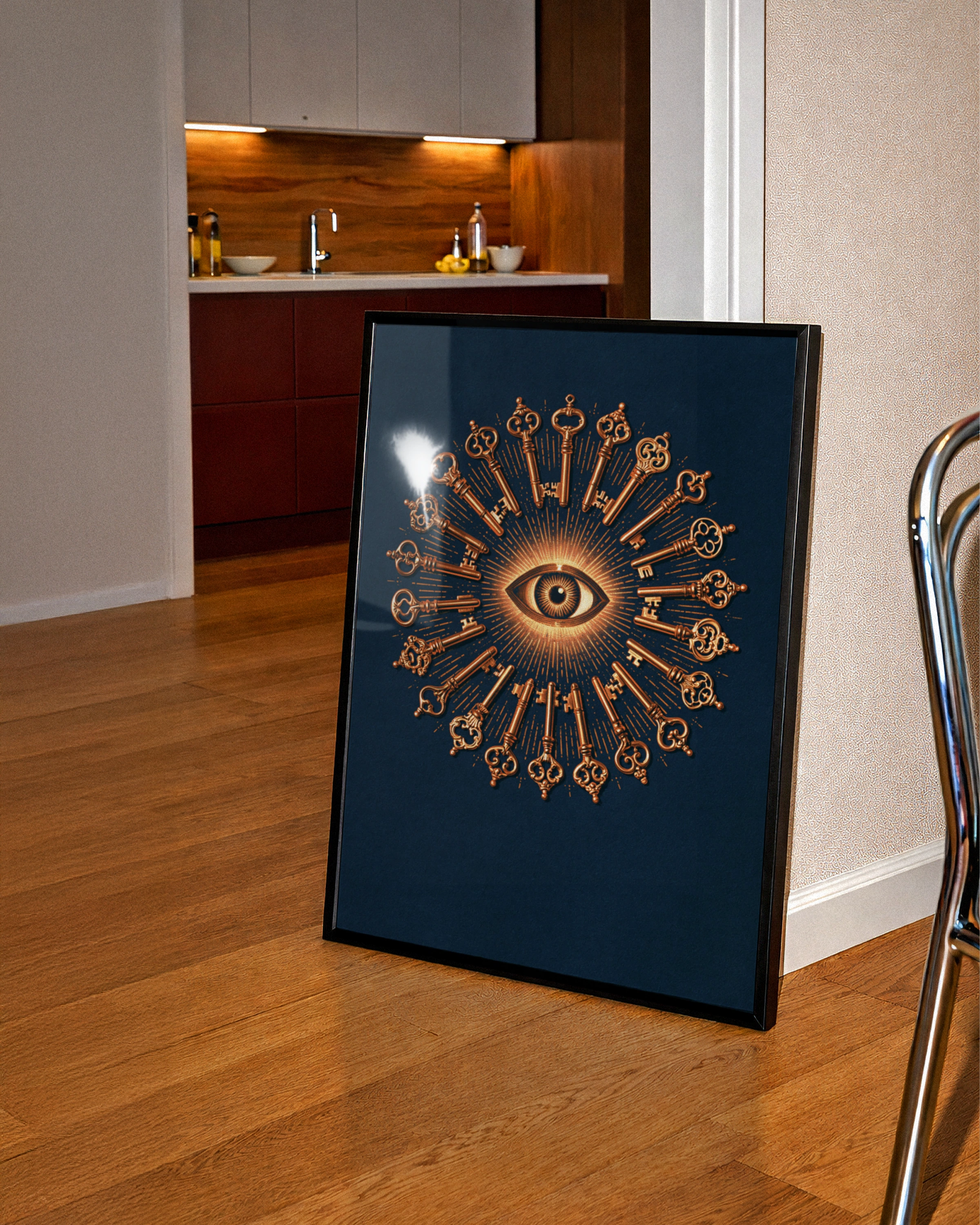 All Seeing Eye Keys Pattern Poster, Mystical Occult Wall Art, Navy Copper