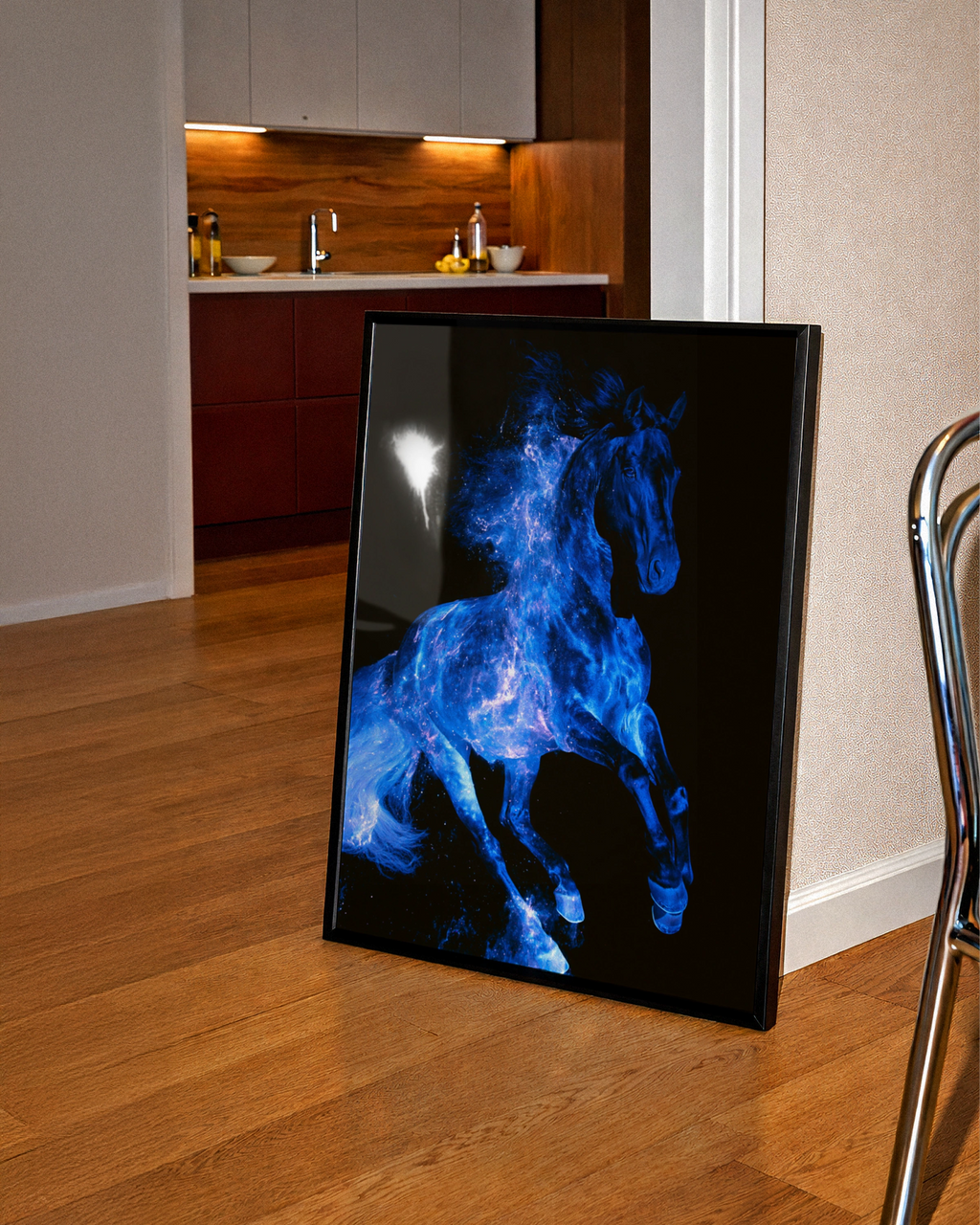 Blue Fire Horse Poster, Cosmic Stallion Wall Art, Dark Fantasy Print