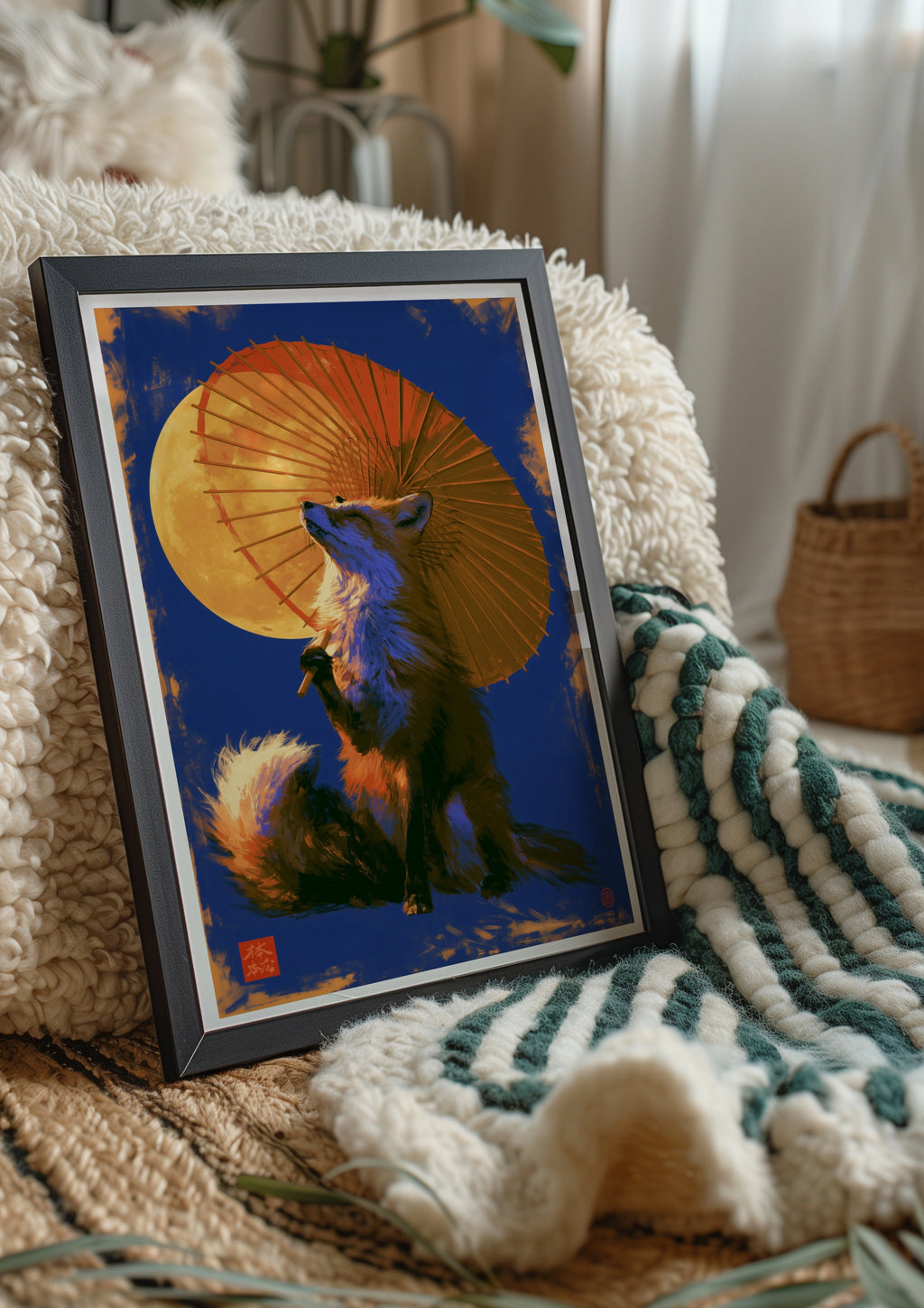 Japanese Fox Umbrella Moon Poster, Kitsune Art Print, Bold Blue Orange