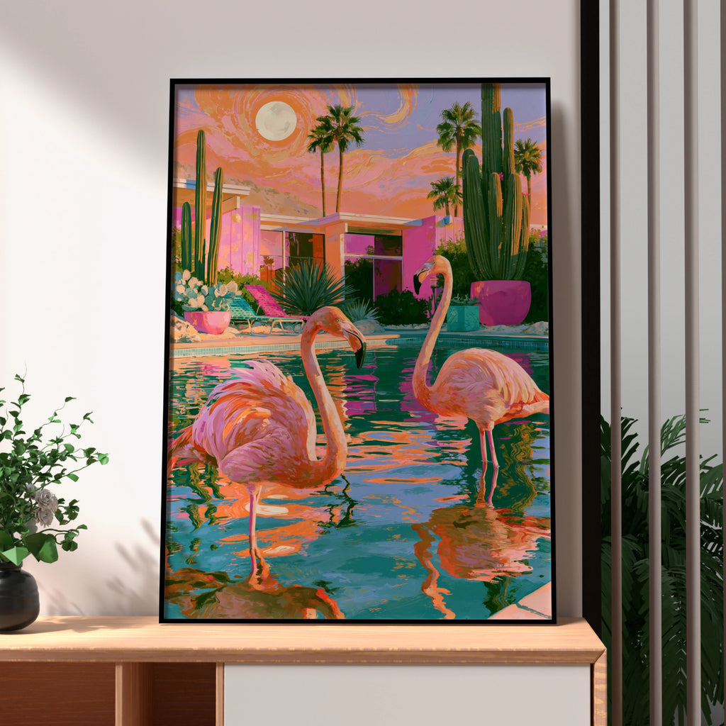 Flamingos Pool Palm Trees Cactus Poster, Mid-Century Desert Art Print
