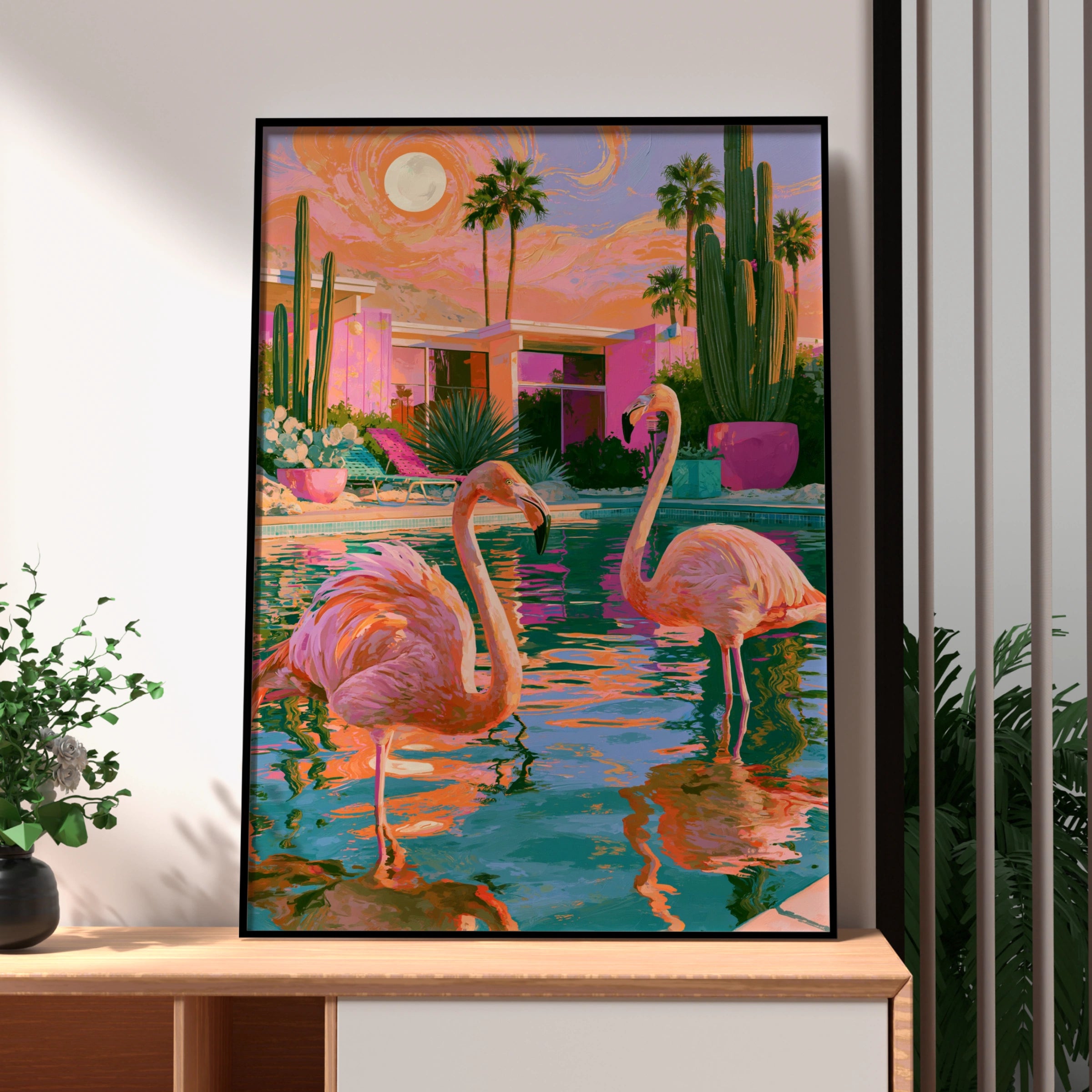 Flamingos Pool Palm Trees Cactus Poster, Mid-Century Desert Art Print