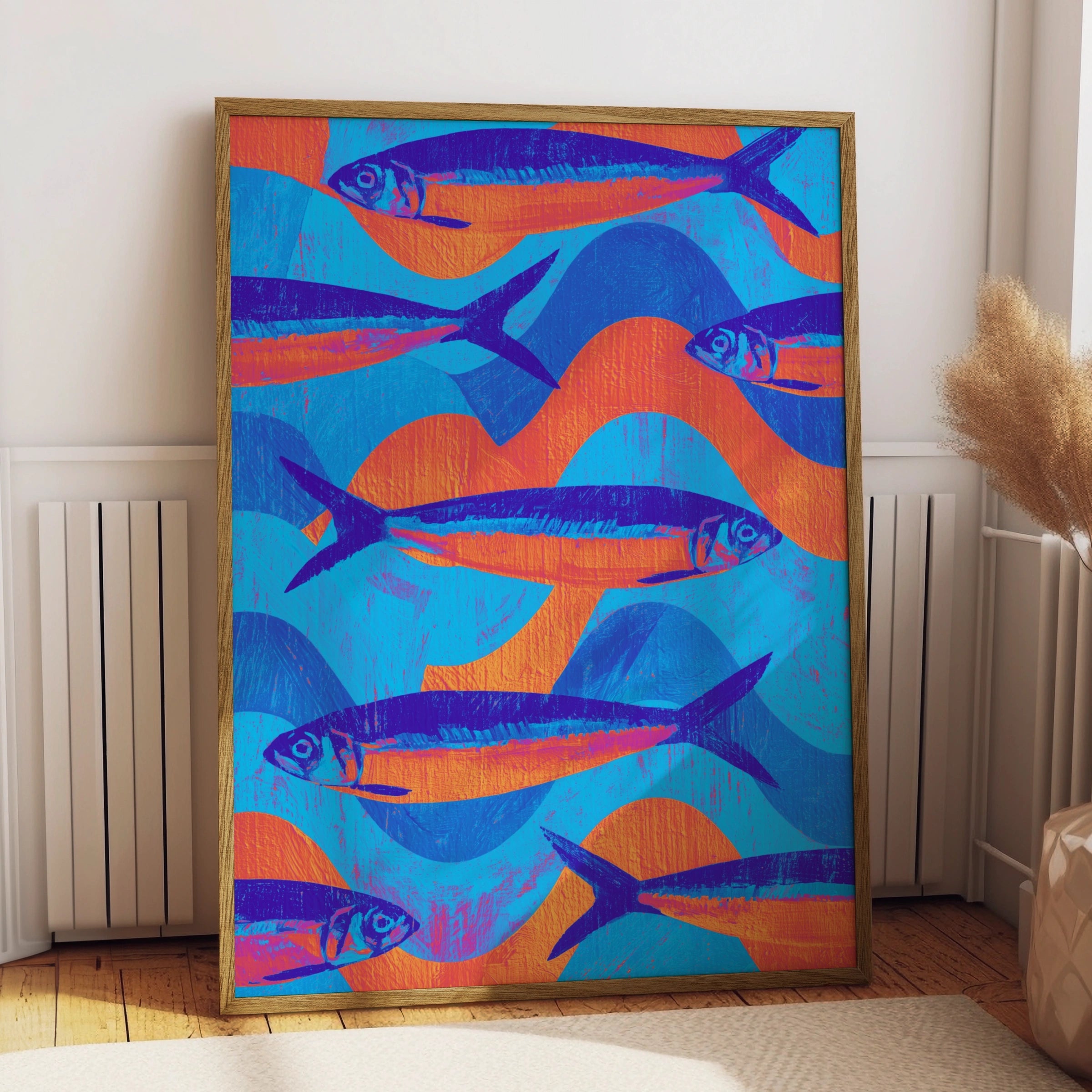 Sardine School Fish Poster, Blue Orange Wall Art, Bold Linocut Style Print