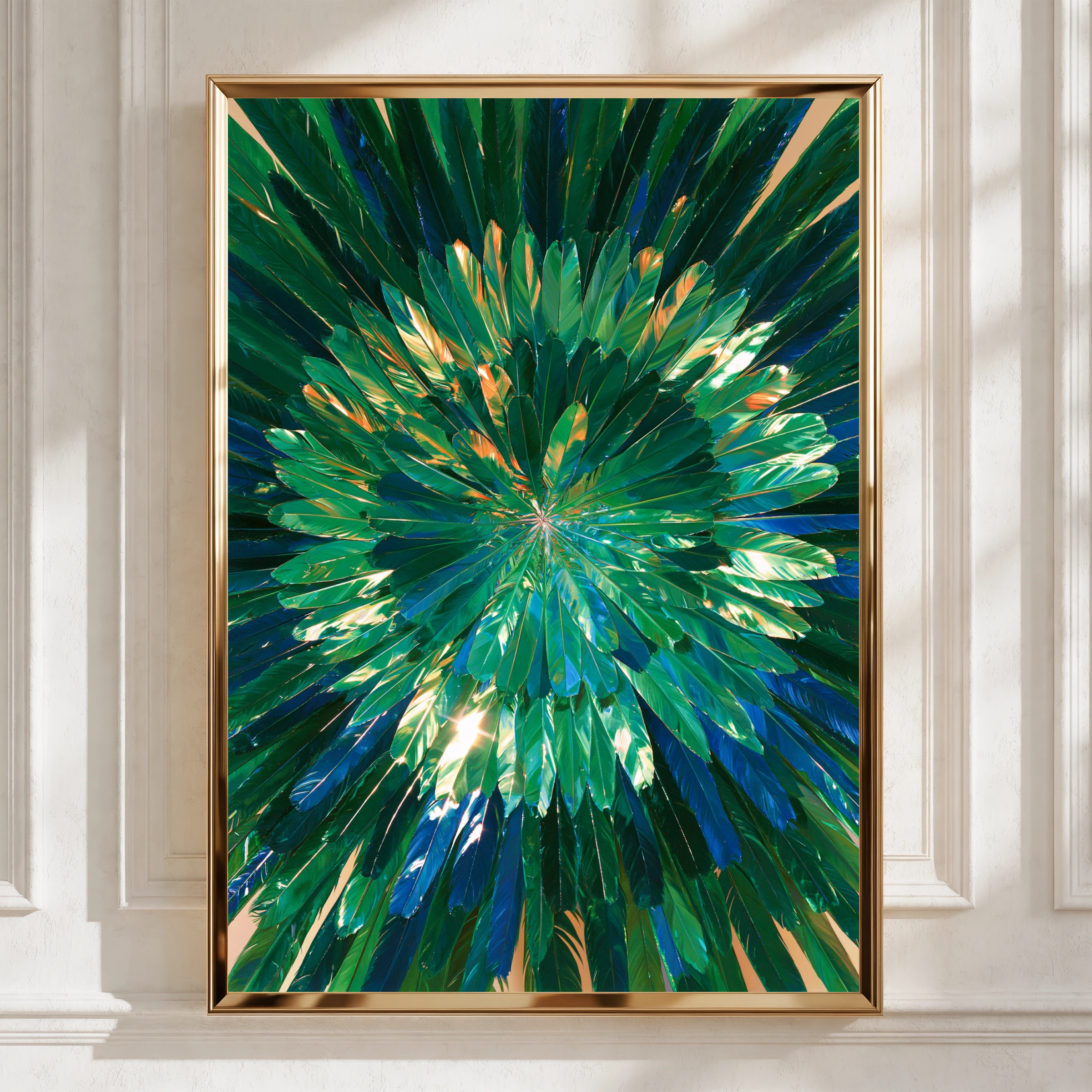 Green Feathers Burst Wall Art Poster, Iridescent Radial Nature Print