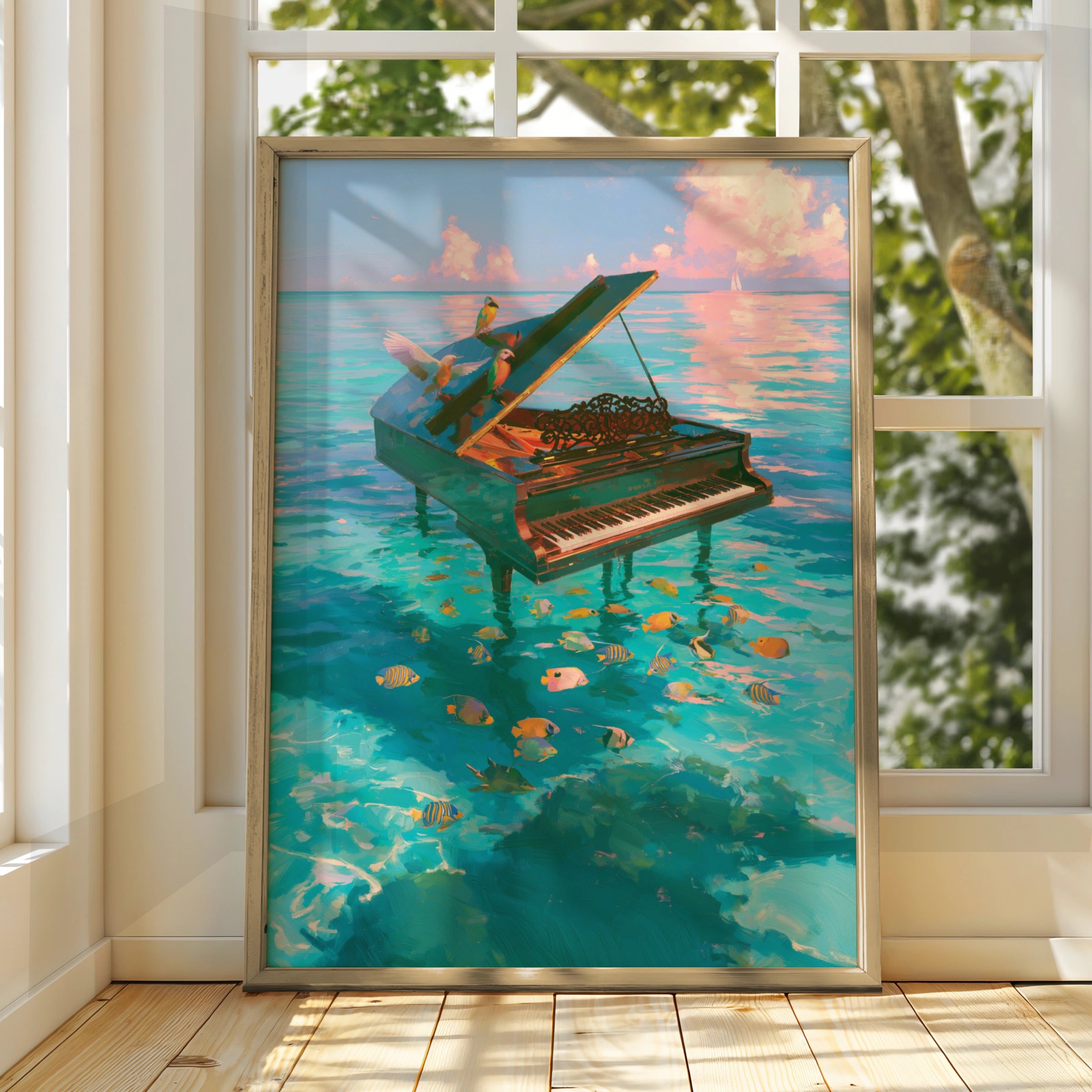 Piano in the Ocean Poster, Tropical Fish Birds Sea Art Print, Surreal