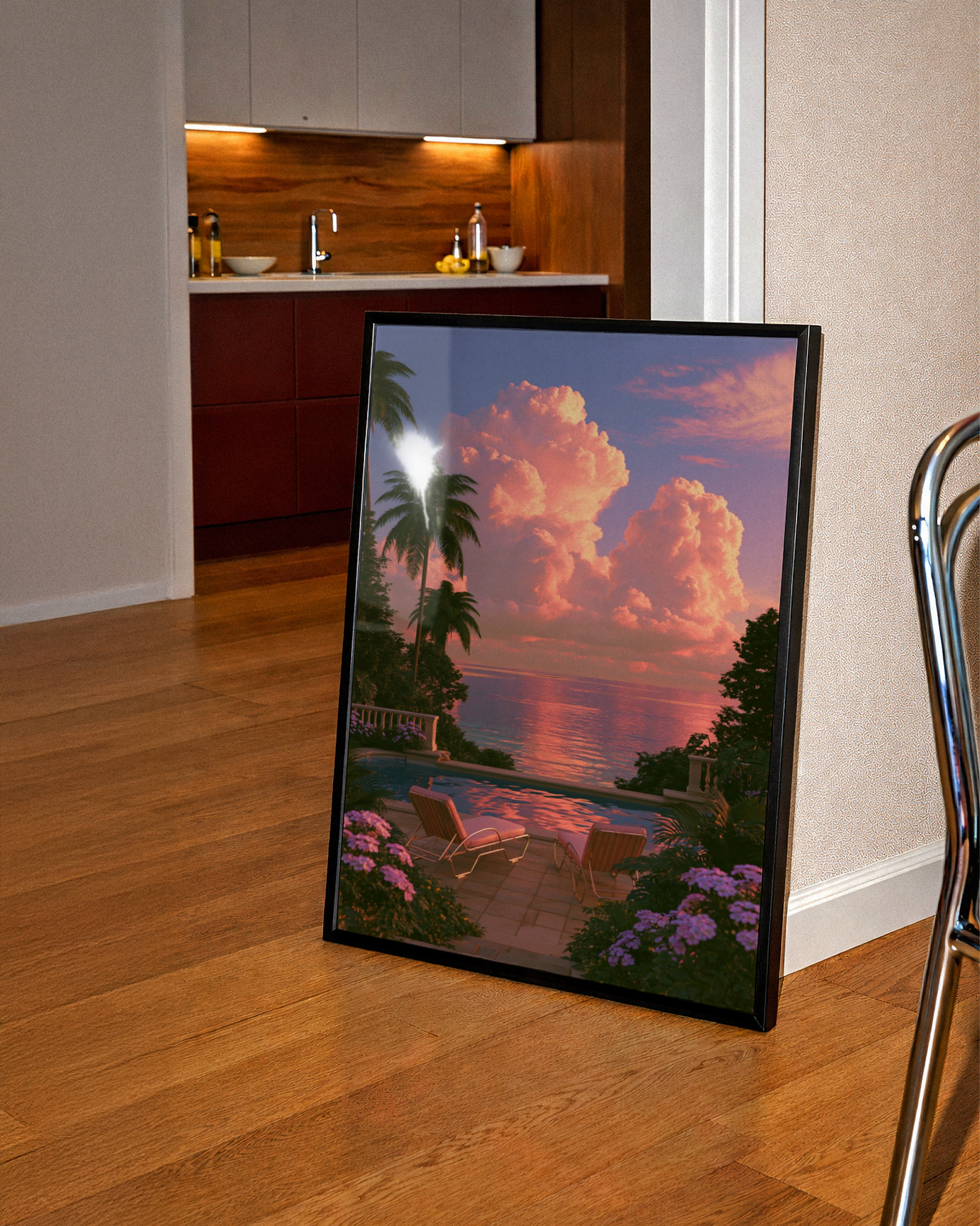 Pink Sunset Sun Loungers Pool Terrace Poster, Tropical Sky Wall Art Print