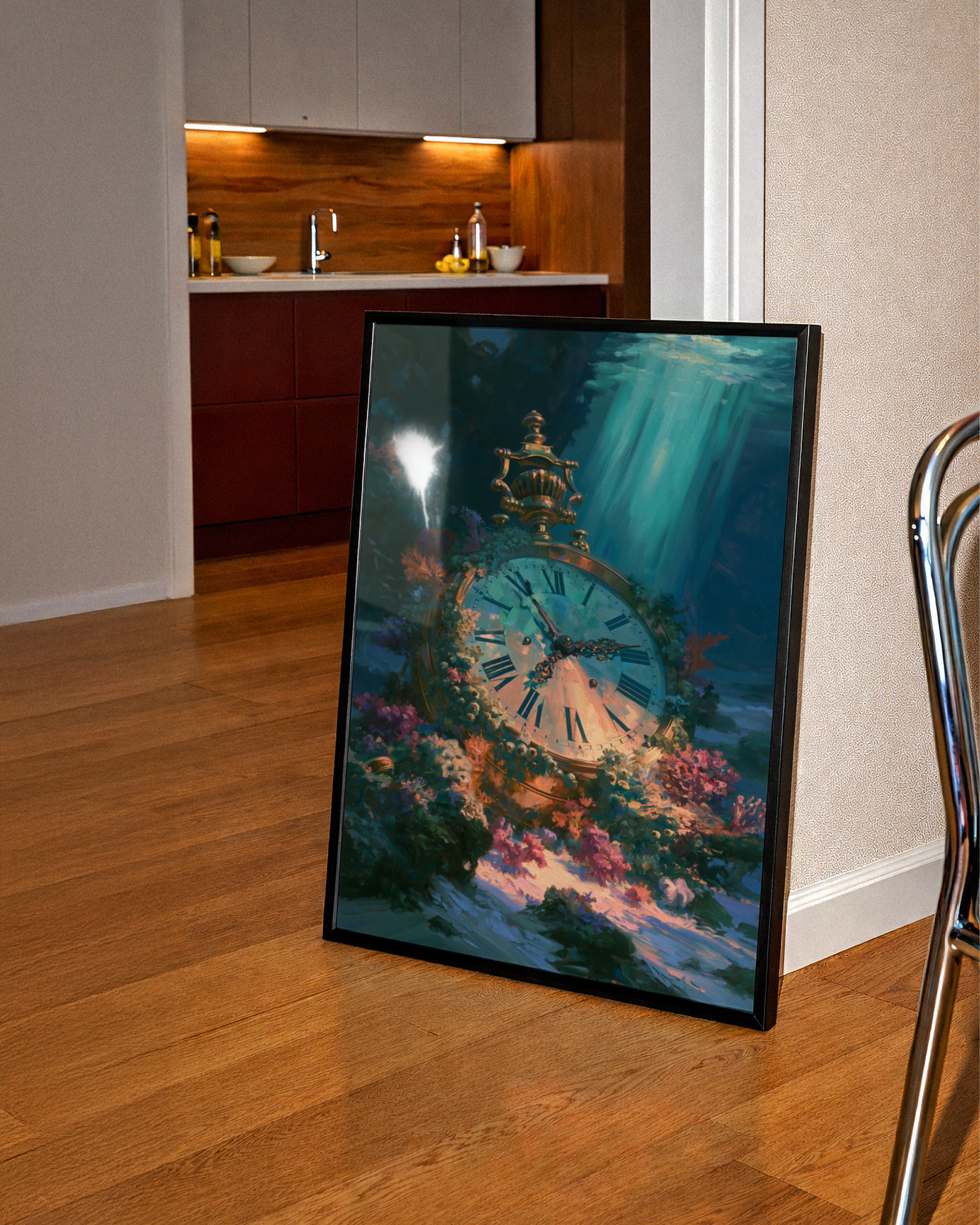 Underwater Clock Poster, Antique Timepiece Ocean Art, Fantasy Surreal Print