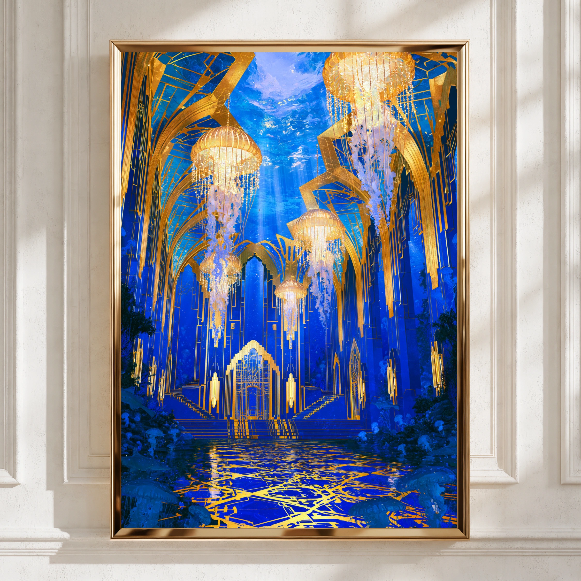 Underwater City Hall Jellyfish Poster, Art Deco Fantasy Blue Gold Print
