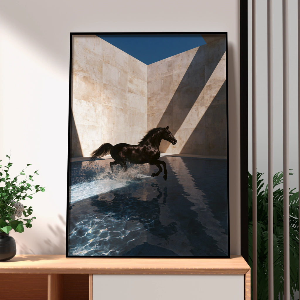 Black Horse Splashing Water, Wall Art Poster, Contemporary Photography Style