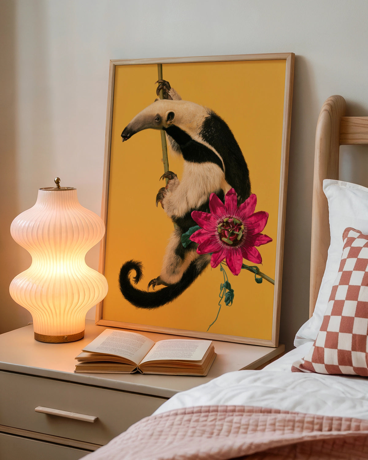 Tamandua Anteater Poster, Tropical Flower Wall Art, Yellow Bold Print