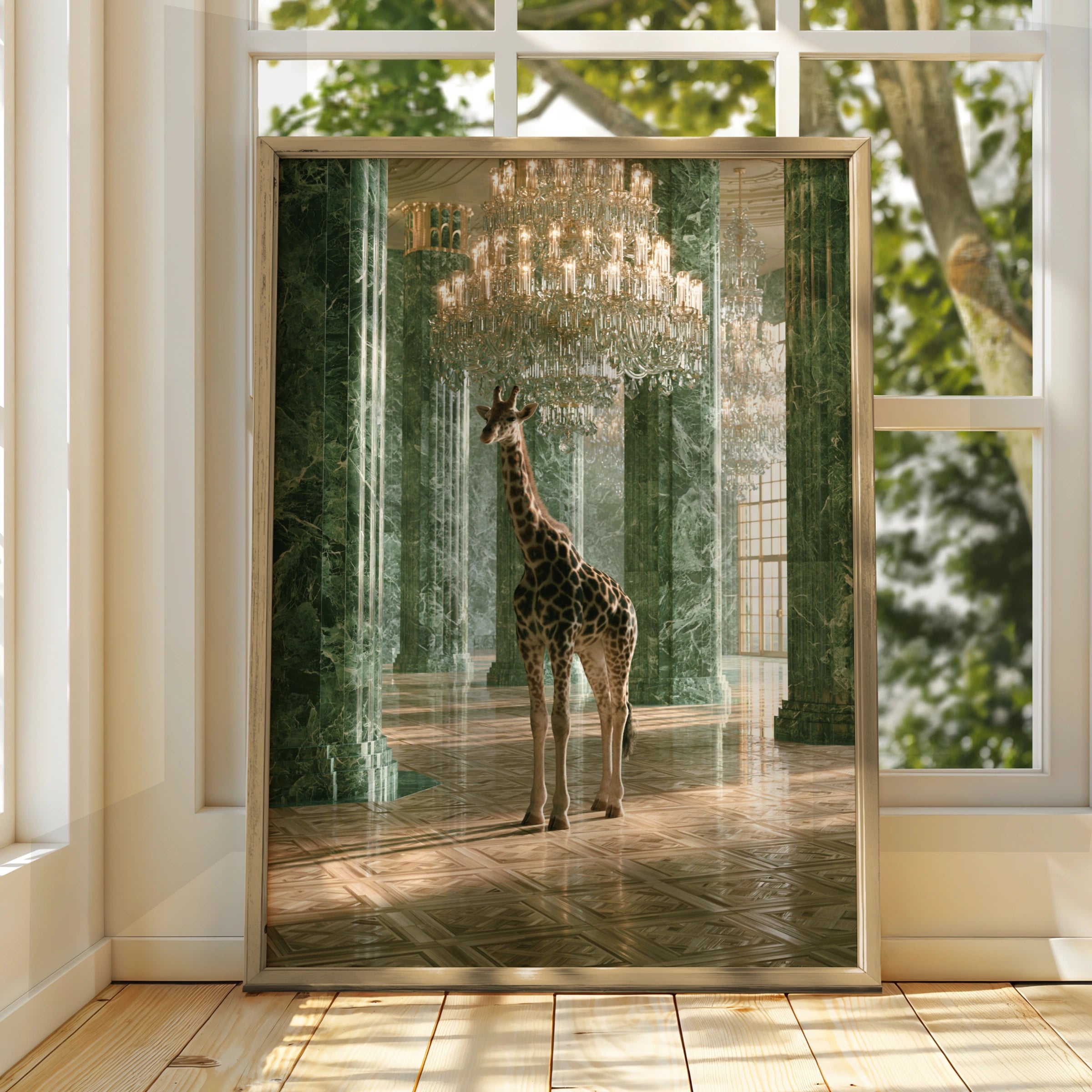 Giraffe in Grand Marble Hall, Crystal Chandelier Poster, Surreal Animal Art