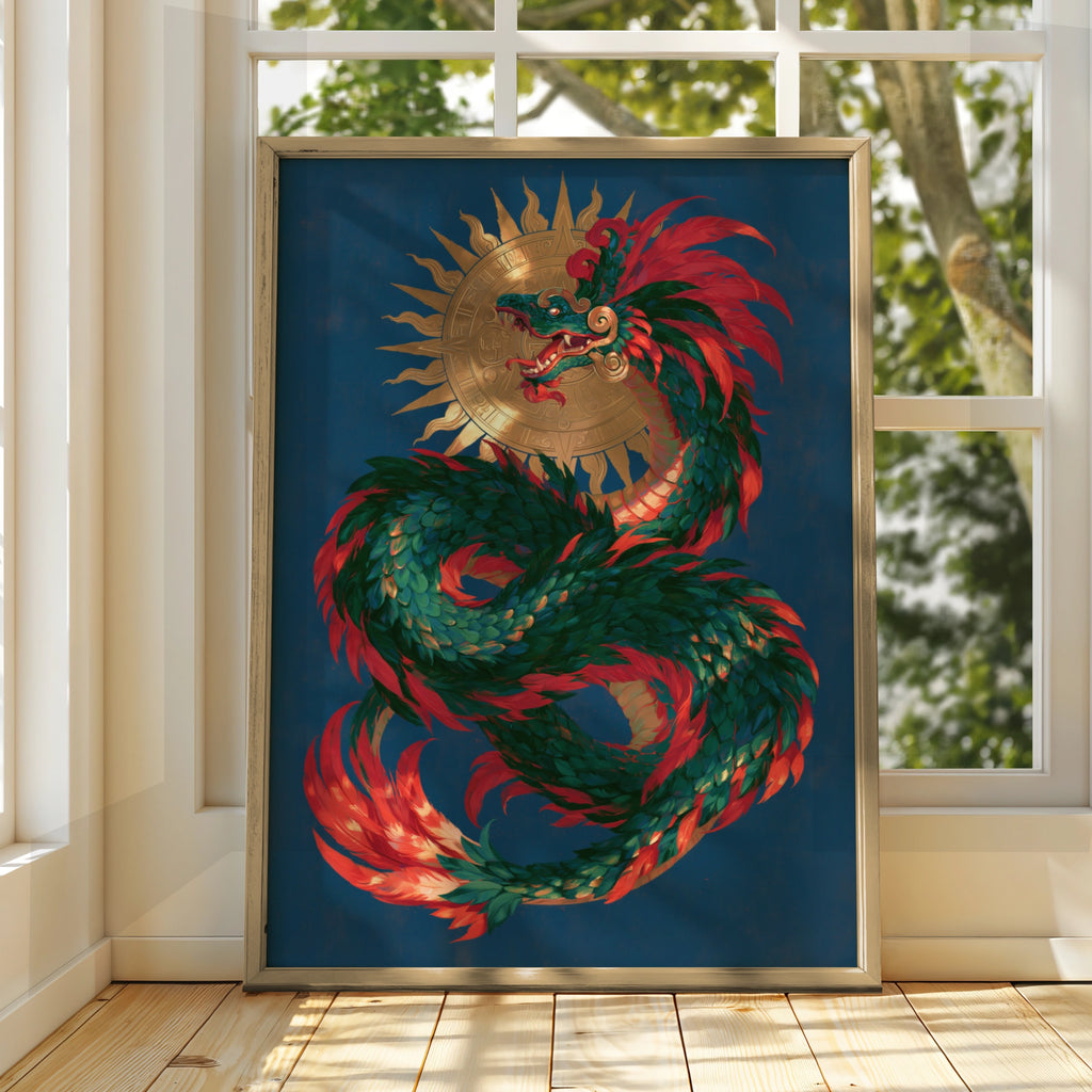 Quetzalcoatl Aztec God Poster, Feathered Serpent Wall Art, Mythology Print