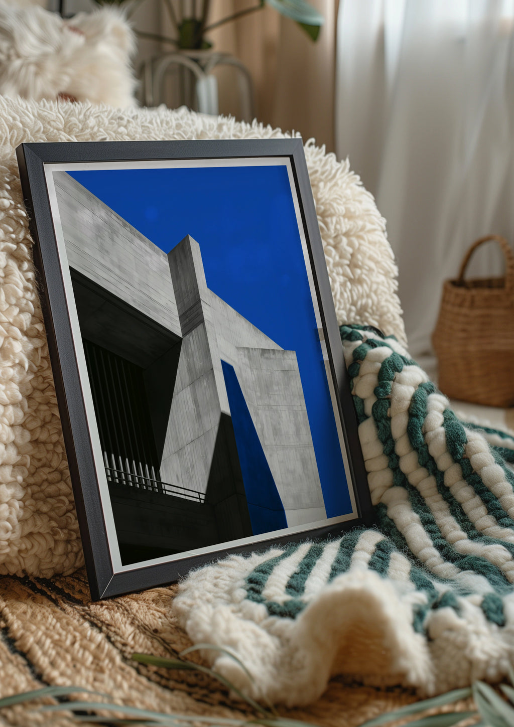 Brutalist Concrete Architecture Poster, Bold Blue Sky, Minimalist Wall Art