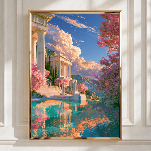 Greek Temple Acropolis Poster, Ancient Greece Wall Art, Colourful Fantasy Print