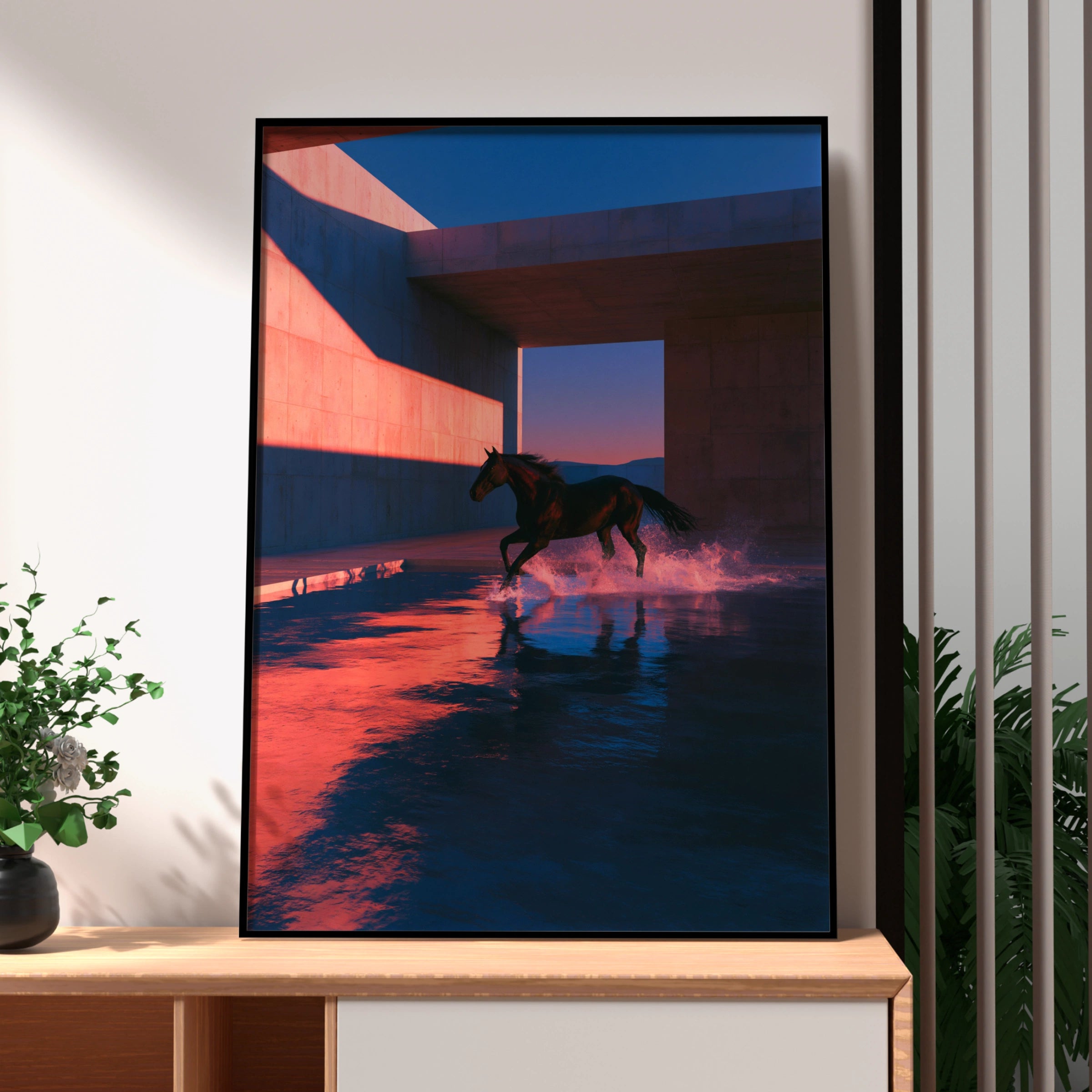 Horse Splashing Water Sunset Poster, Running Horse Wall Art, Moody Dramatic Print