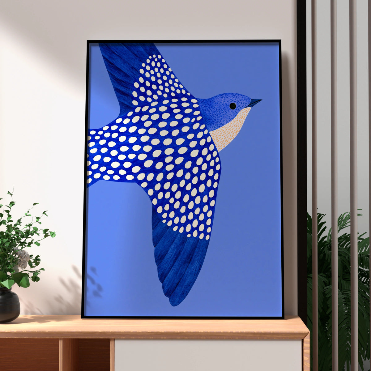 Blue Swallow in Flight Wall Art Poster, Dotted Bird Print, Bold Illustrated Style