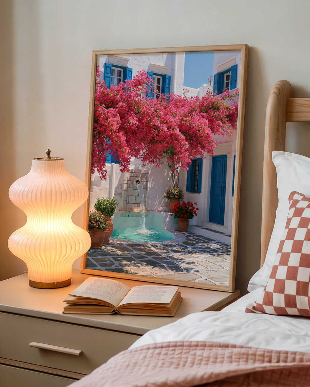 Greek Courtyard Fountain Bougainvillea Poster, Mediterranean Wall Art Print