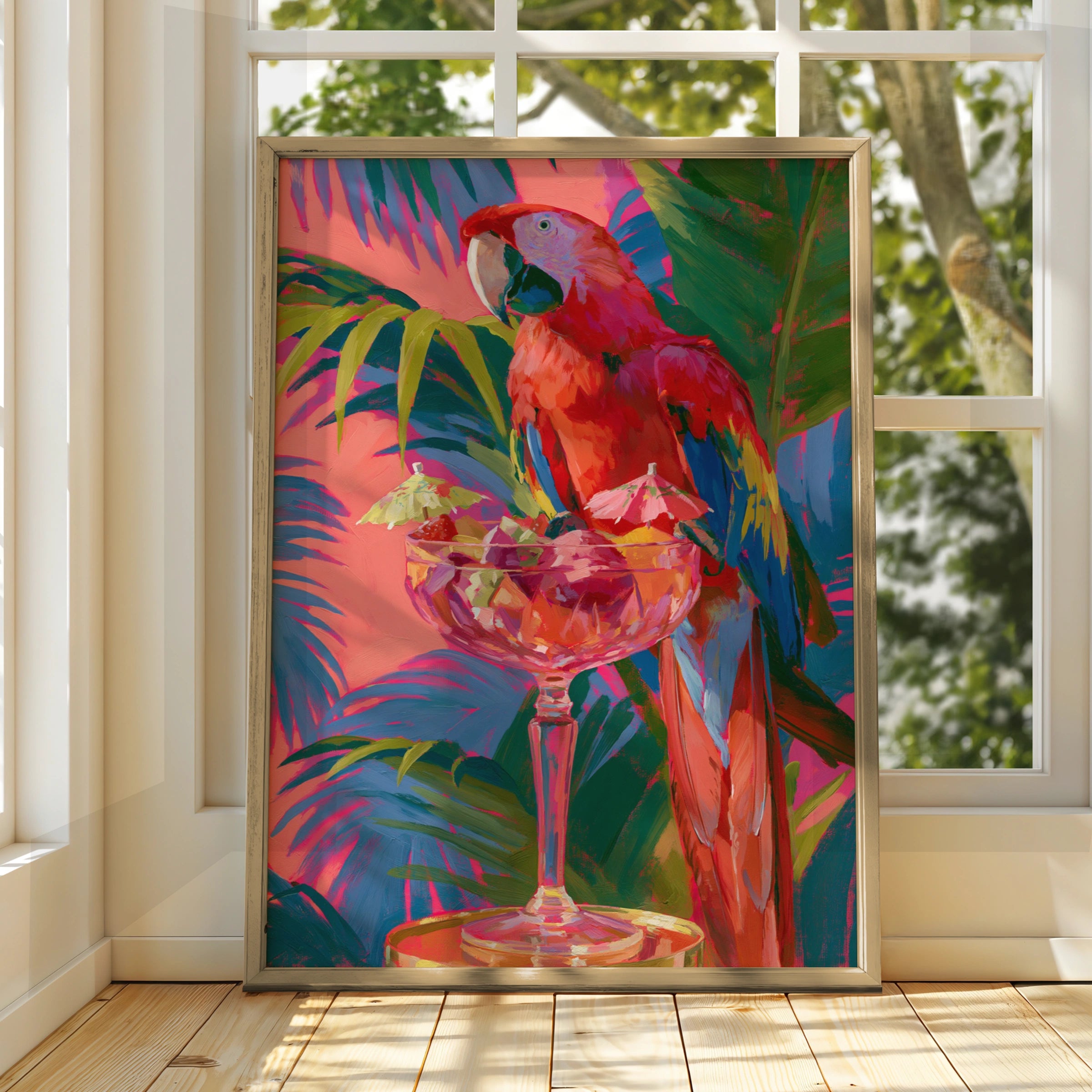 Tropical Parrot Cocktail Wall Art Poster, Colourful Macaw Print