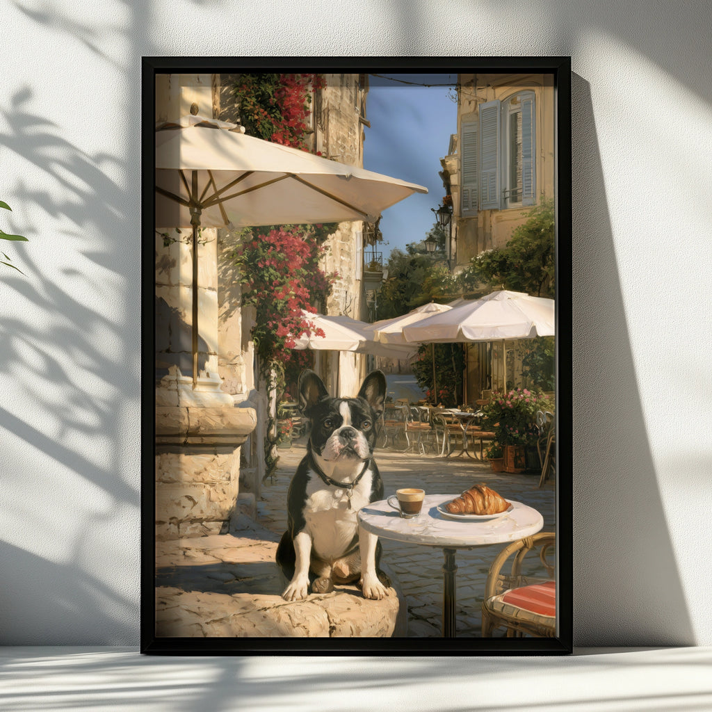 French Bulldog Cafe Poster, Paris Street Scene, Croissant Wall Art Print