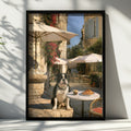 French Bulldog Cafe Poster, Paris Street Scene, Croissant Wall Art Print