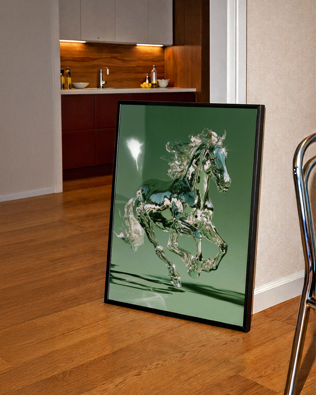 Chrome Horse Poster, Green Metallic Running Horse, Modern 3D Wall Art