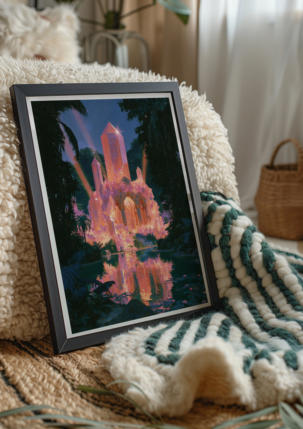 Crystal Temple Jungle Poster, Mystical Fantasy Art Print, Pink Glowing