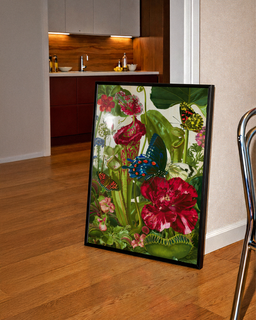 Carnivorous Plants Butterflies Botanical Poster, Vintage Nature Wall Art Print
