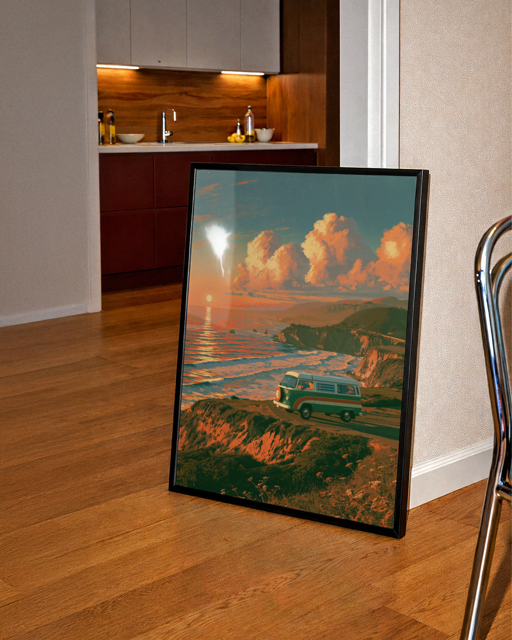 Retro Camper Van Coastal Sunset Poster, Sea Cliffs Wall Art Print