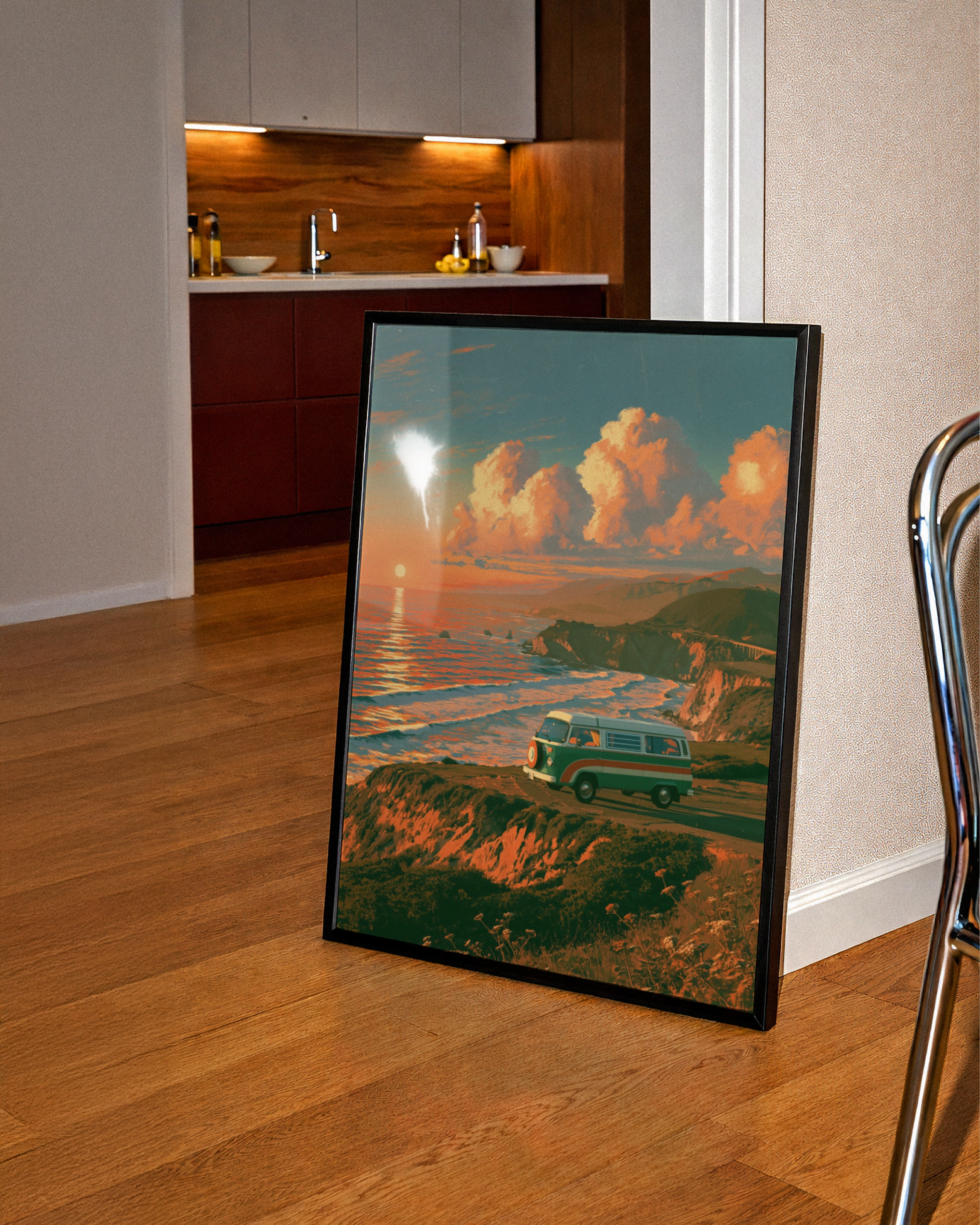 Retro Camper Van Coastal Sunset Poster, Sea Cliffs Wall Art Print