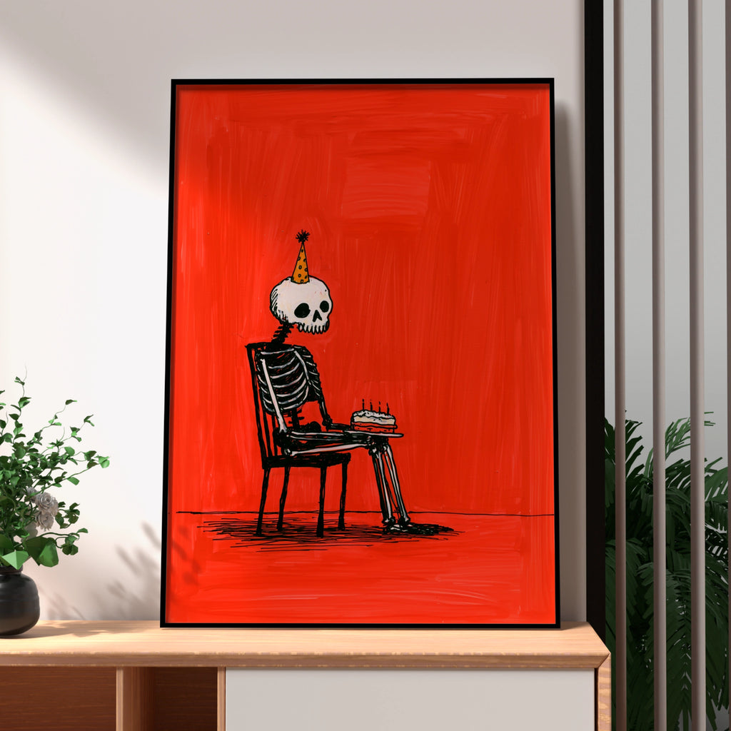 Birthday Skeleton Poster, Party Hat Cake Wall Art, Bold Red Illustration Print