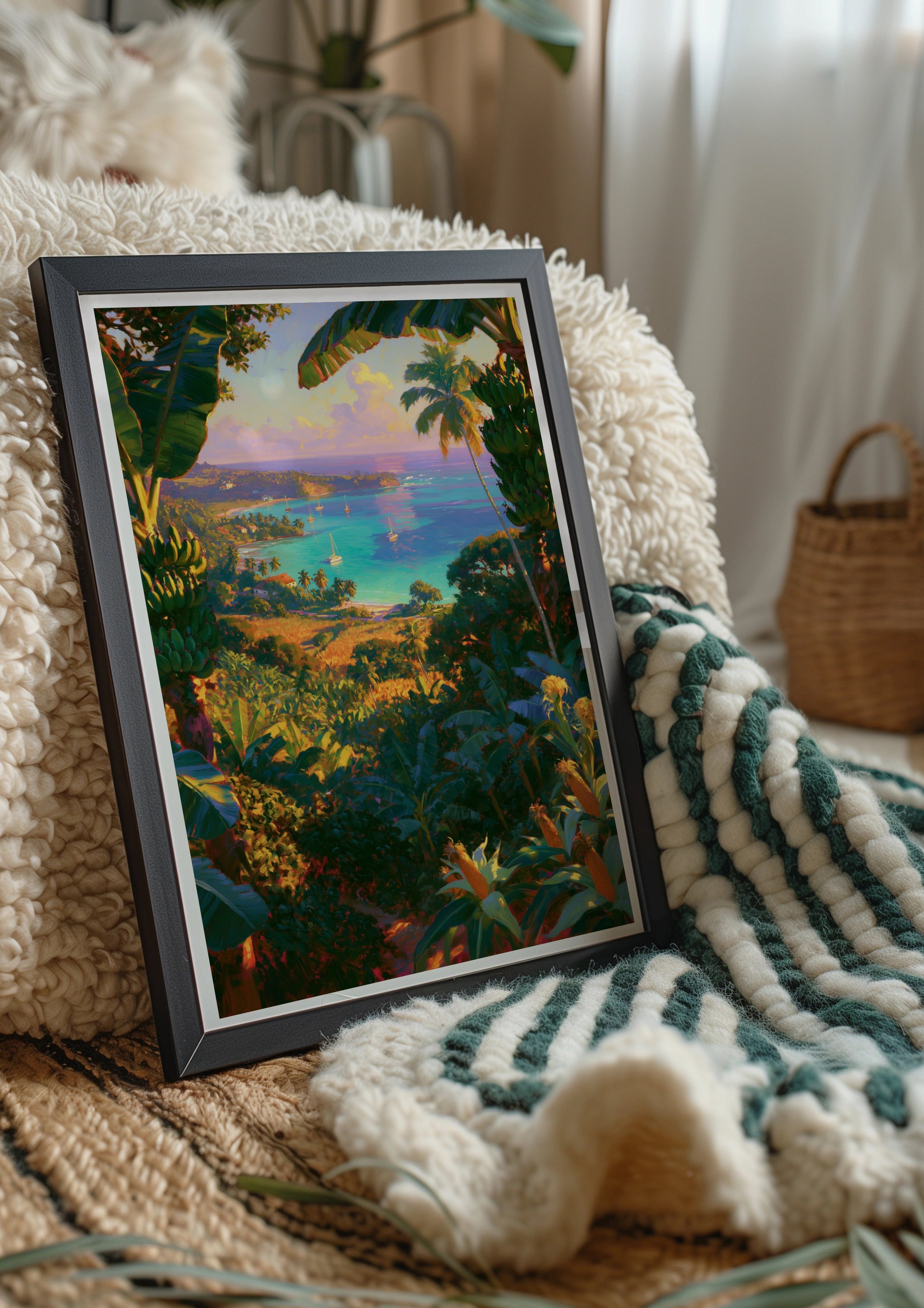 Tropical Beach Bay Poster, Caribbean Jungle View, Sailboat Wall Art Print