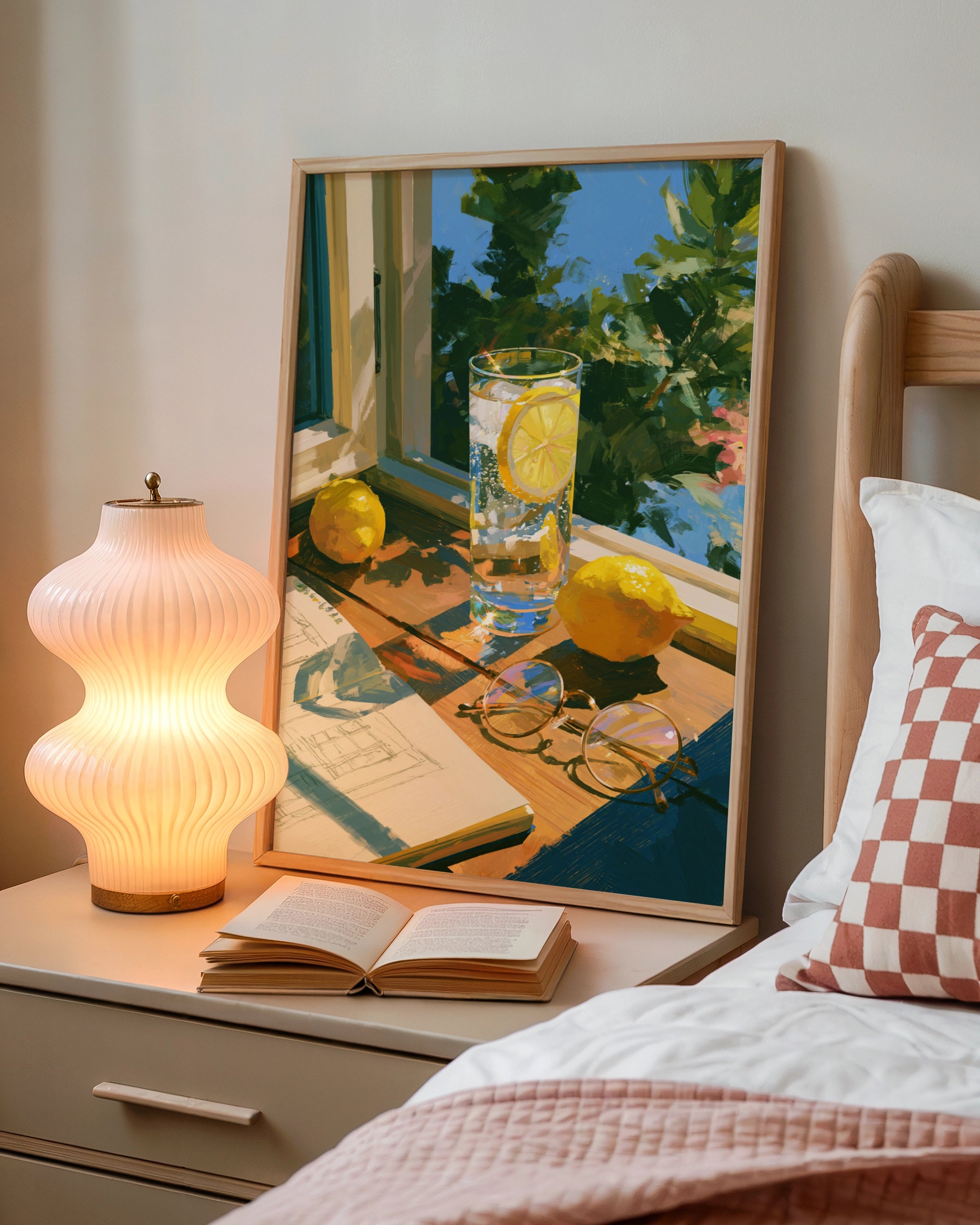 Gin Tonic Lemon Glass Windowsill Poster, Summer Reading Still Life Print