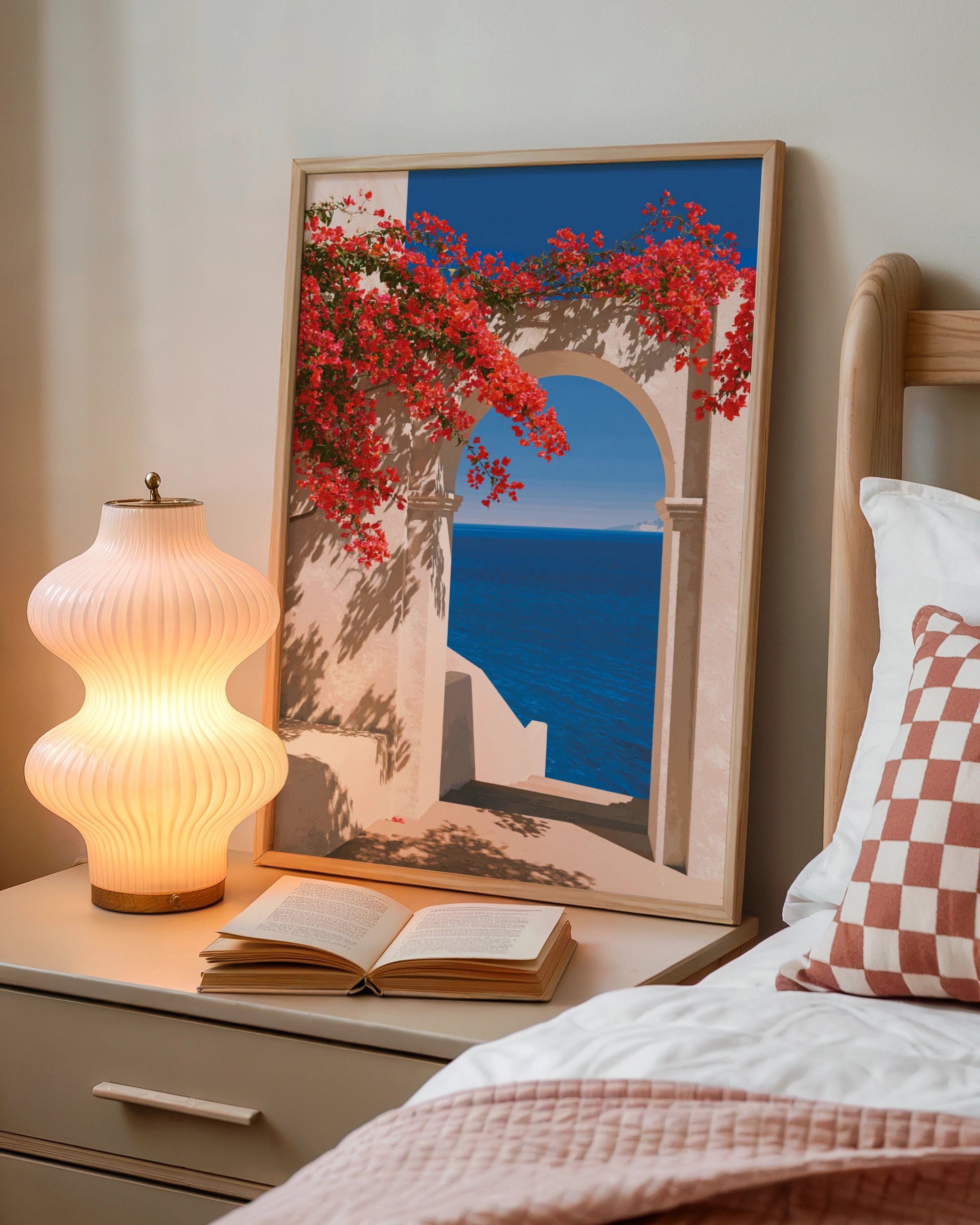 Mediterranean Arch Bougainvillea Poster, Coral Flowers Sea View Print